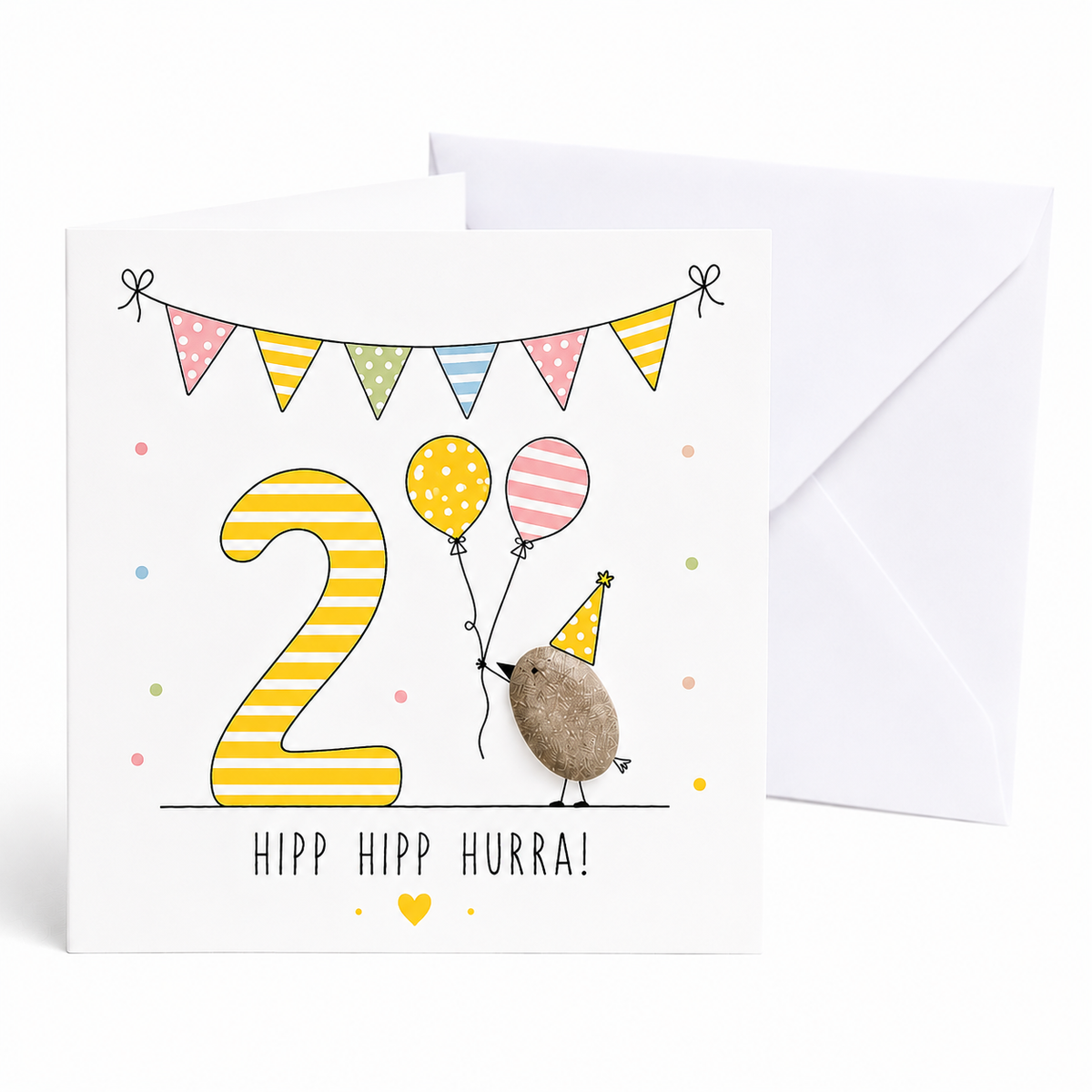 Handgemachte Klappkarte zum 2. Geburtstag mit Kieselstein-Vogel, Partyhut und zwei Luftballons, gelbe Zahl 2, Spruch „Hipp hipp hurra!“ – Geburtstagskarte 10x10 cm mit Umschlag