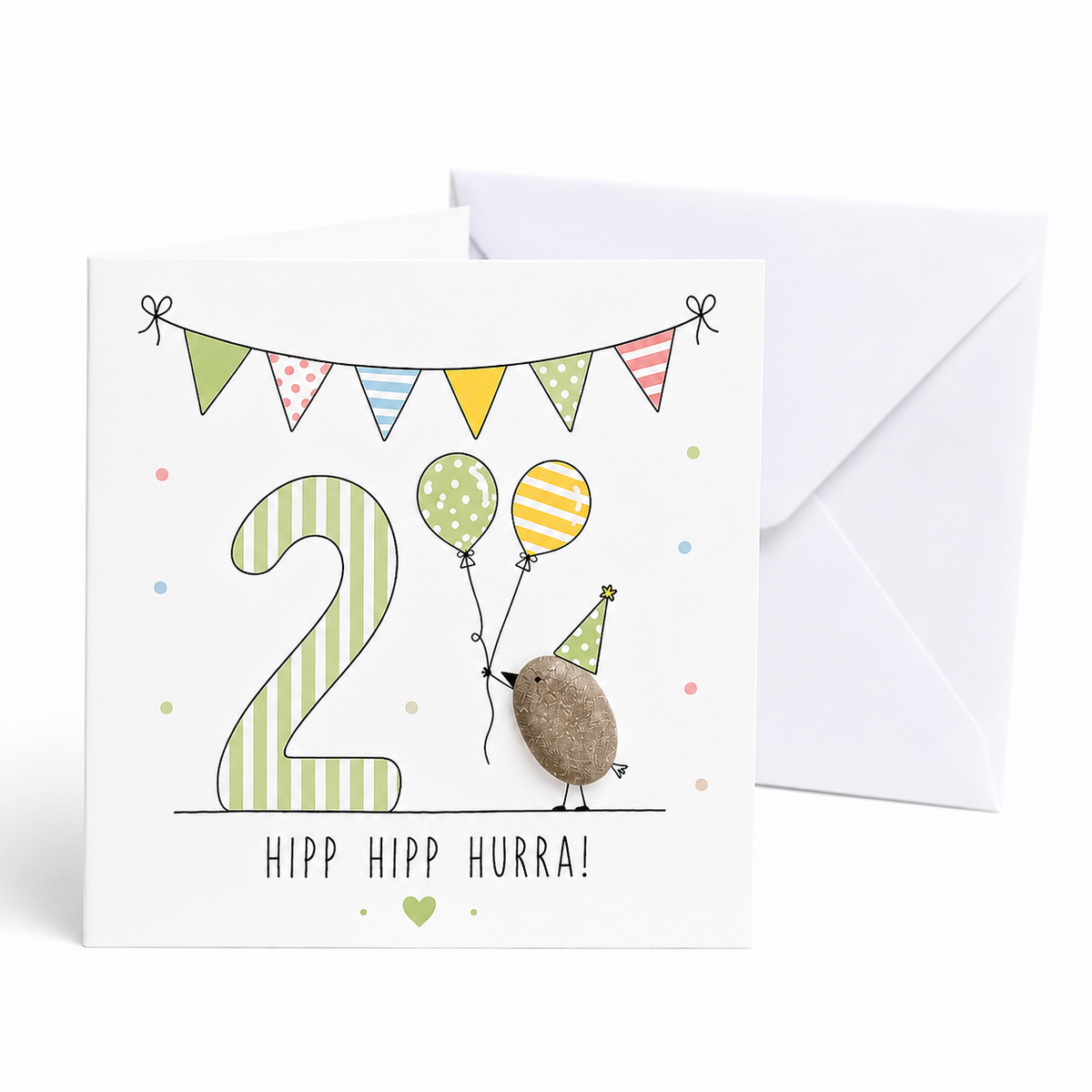 Handgemachte Klappkarte zum 2. Geburtstag mit Kieselstein-Vogel, Partyhut und zwei Luftballons, grüne Zahl 2, Spruch „Hipp hipp hurra!“ – Geburtstagskarte 10x10 cm mit Umschlag