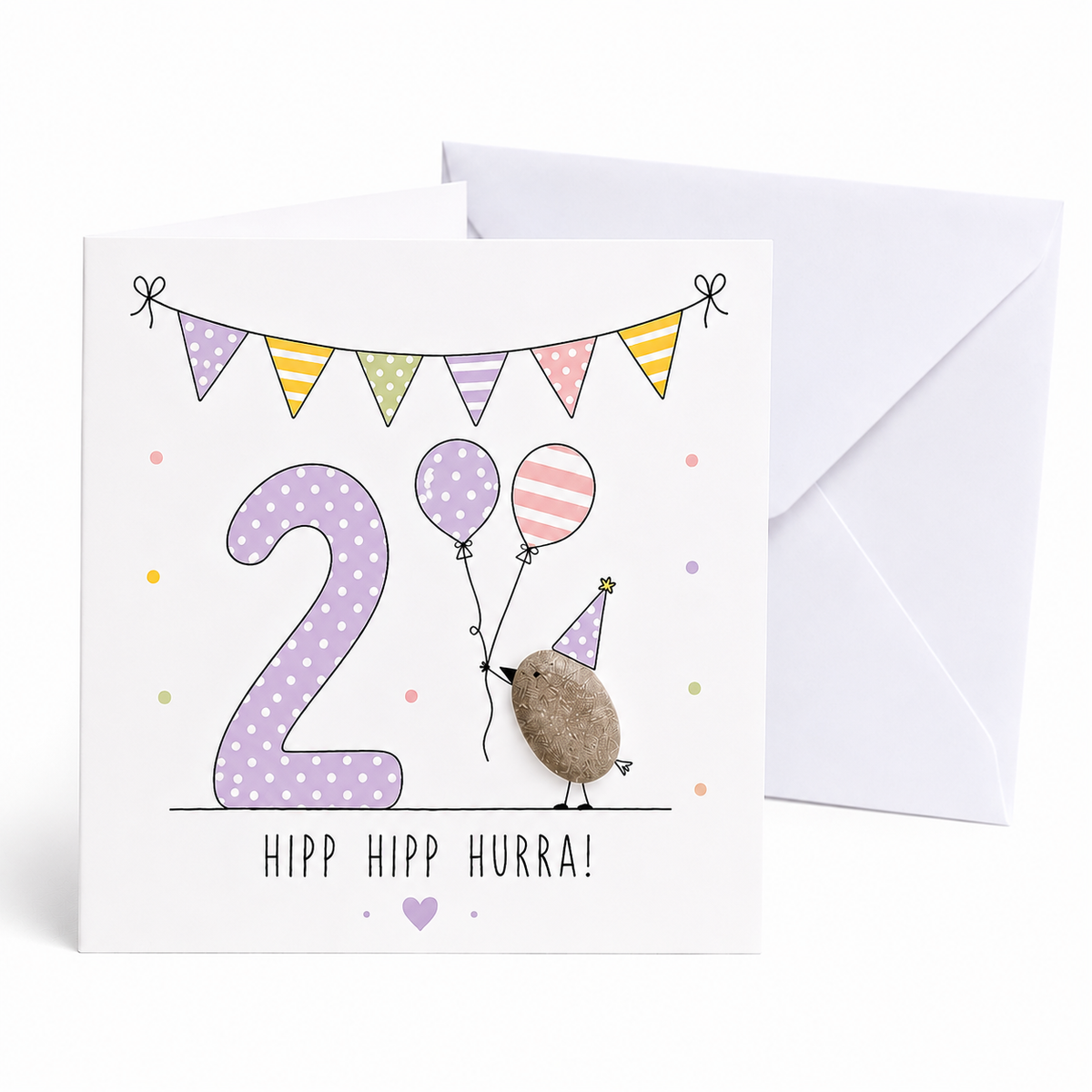 Handgemachte Klappkarte zum 2. Geburtstag mit Kieselstein-Vogel, Partyhut und zwei Luftballons, lila Zahl 2, Spruch „Hipp hipp hurra!“ – Geburtstagskarte 10x10 cm mit Umschlag