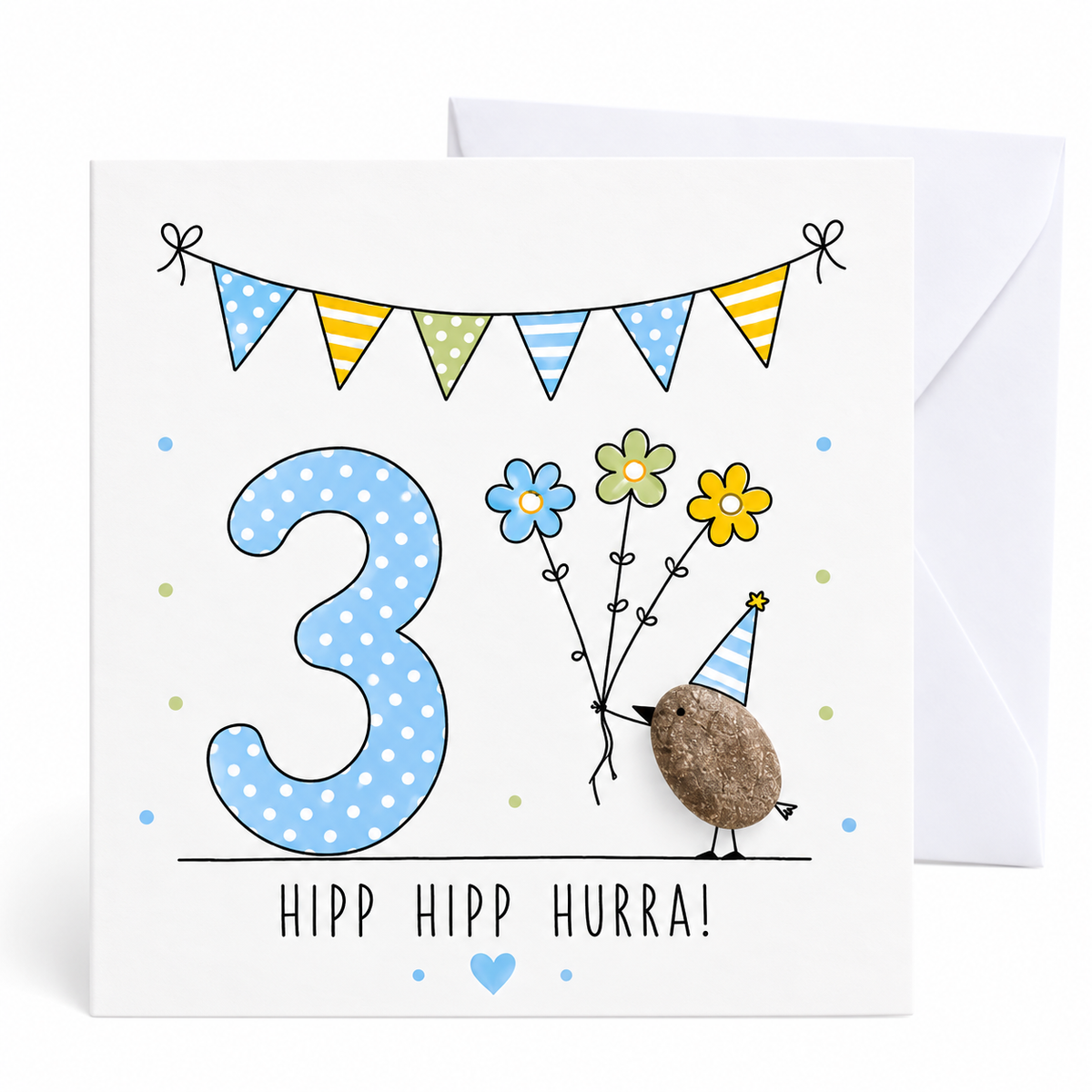 Handgemachte Klappkarte zum 3. Geburtstag mit Kieselstein-Vogel, Partyhut und drei Blumen, blaue Zahl 3, Spruch „Hipp hipp hurra!“ – Geburtstagskarte 10x10 cm mit Umschlag
