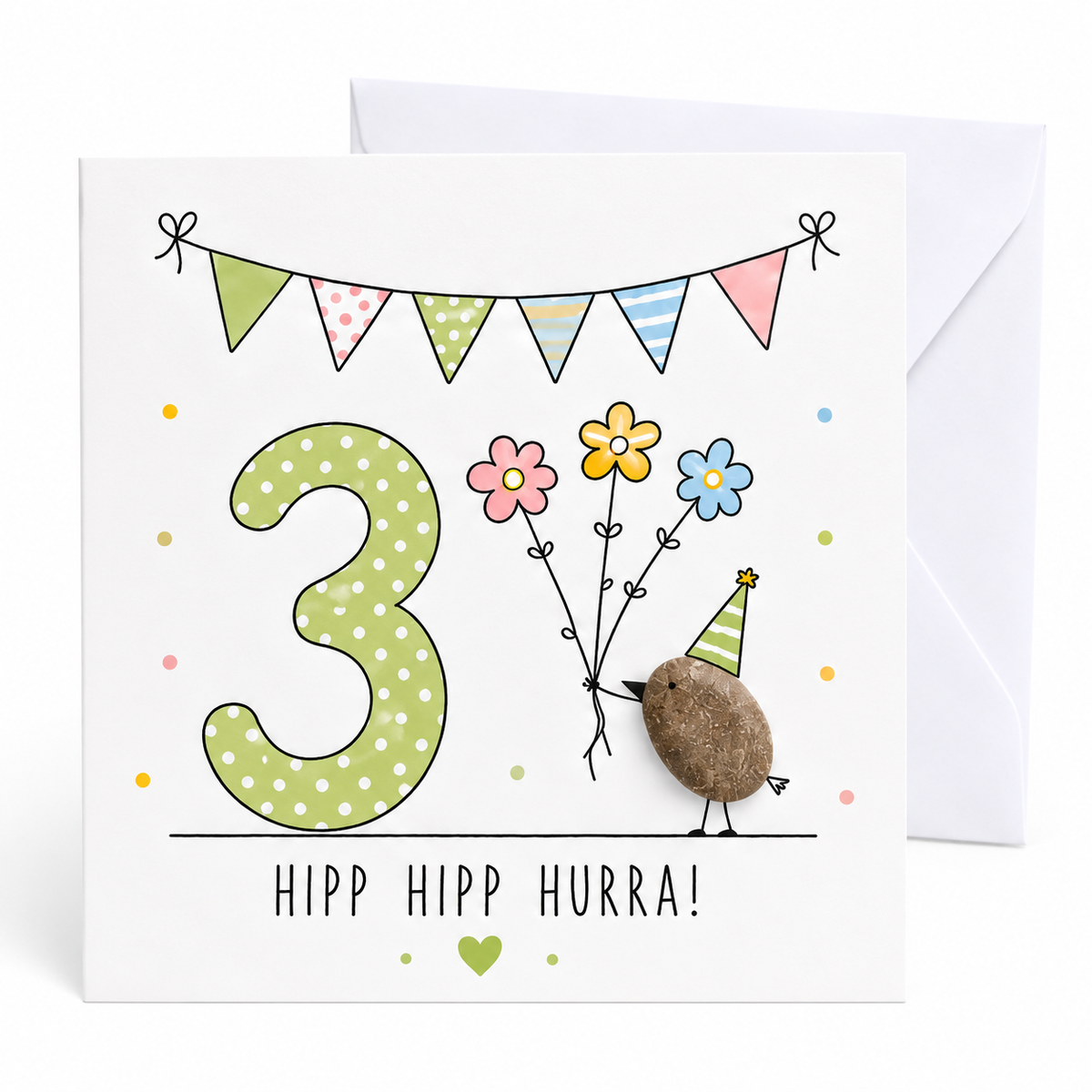 Handgemachte Klappkarte zum 3. Geburtstag mit Kieselstein-Vogel, Partyhut und drei Blumen, grüne Zahl 3, Spruch „Hipp hipp hurra!“ – Geburtstagskarte 10x10 cm mit Umschlag