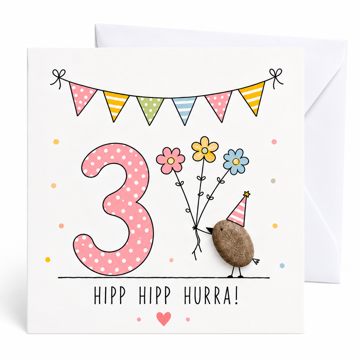 Handgemachte Klappkarte zum 3. Geburtstag mit Kieselstein-Vogel, Partyhut und drei Blumen, rosa Zahl 3, Spruch „Hipp hipp hurra!“ – Geburtstagskarte 10x10 cm mit Umschlag