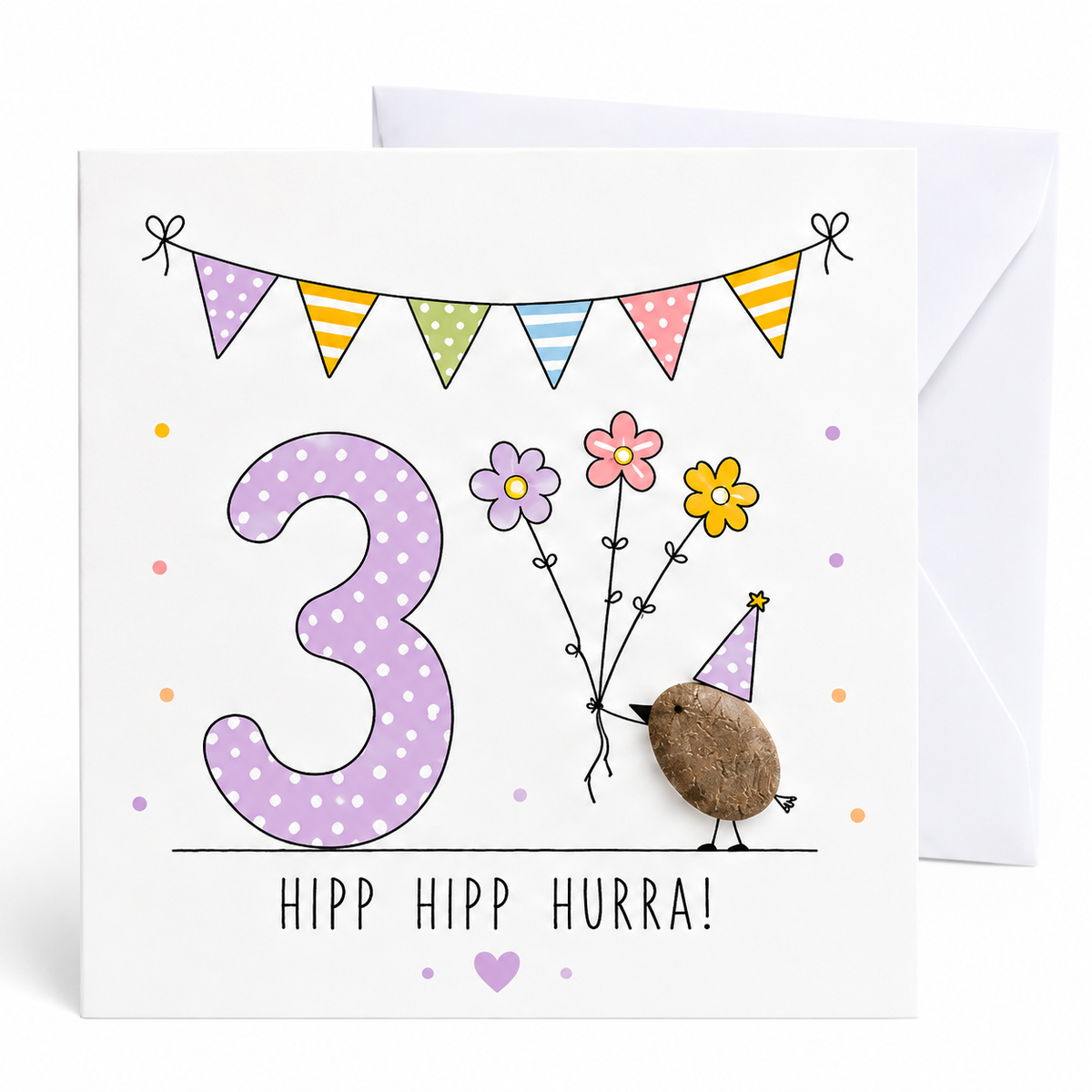 Handgemachte Klappkarte zum 3. Geburtstag mit Kieselstein-Vogel, Partyhut und drei Blumen, lila Zahl 3, Spruch „Hipp hipp hurra!“ – Geburtstagskarte 10x10 cm mit Umschlag
