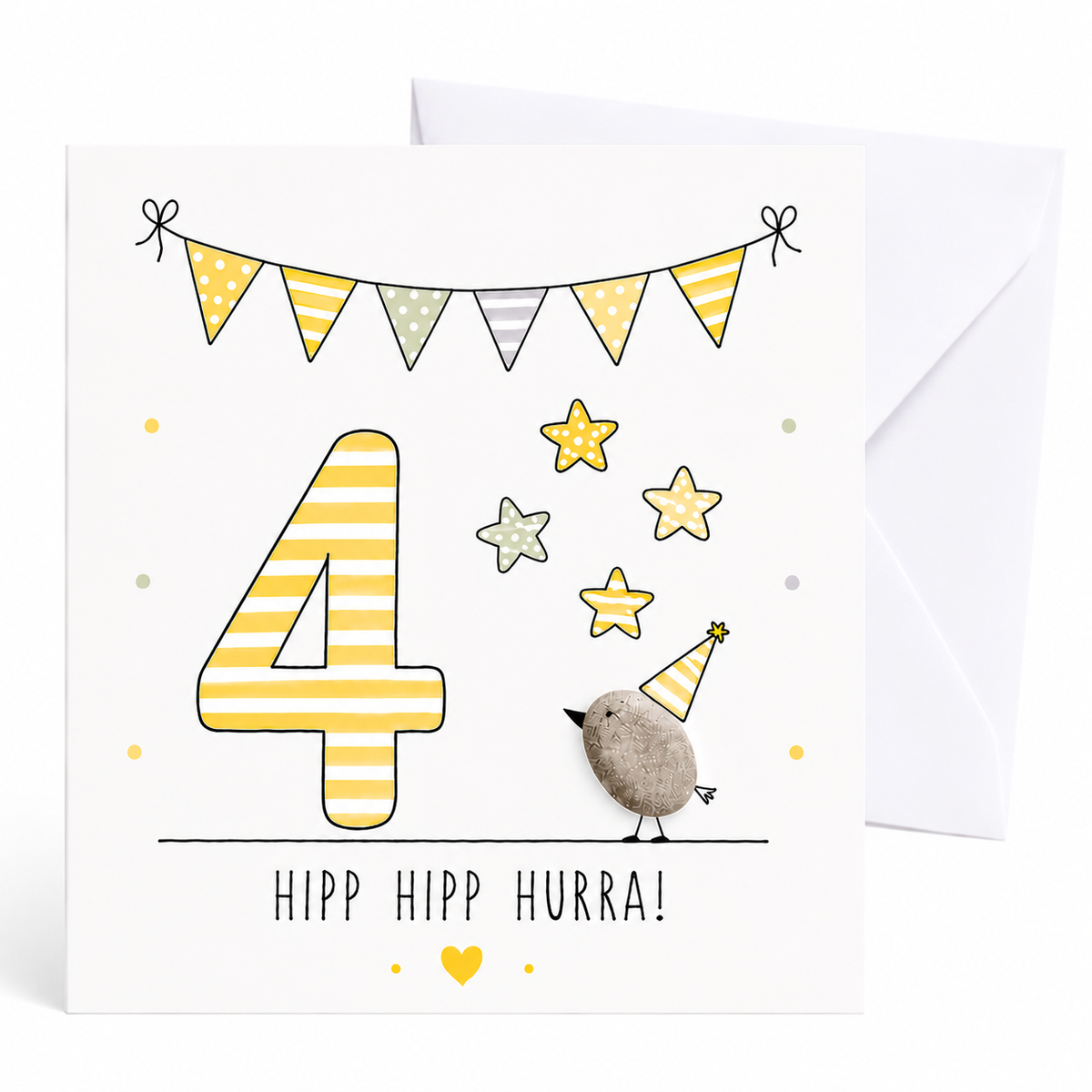 Handgemachte Klappkarte zum 4. Geburtstag mit Kieselstein-Vogel, Partyhut und Sternen, gelbe Zahl 4, Spruch „Hipp hipp hurra!“ – Geburtstagskarte 10x10 cm mit Umschlag