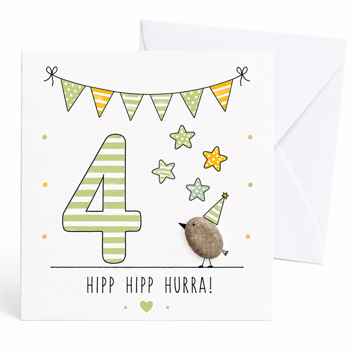 Handgemachte Klappkarte zum 4. Geburtstag mit Kieselstein-Vogel, Partyhut und Sternen, grüne Zahl 4, Spruch „Hipp hipp hurra!“ – Geburtstagskarte 10x10 cm mit Umschlag