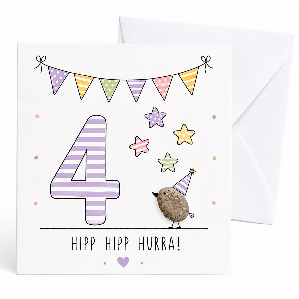 Handgemachte Klappkarte zum 4. Geburtstag mit Kieselstein-Vogel, Partyhut und Sternen, lila Zahl 4, Spruch „Hipp hipp hurra!“ – Geburtstagskarte 10x10 cm mit Umschlag