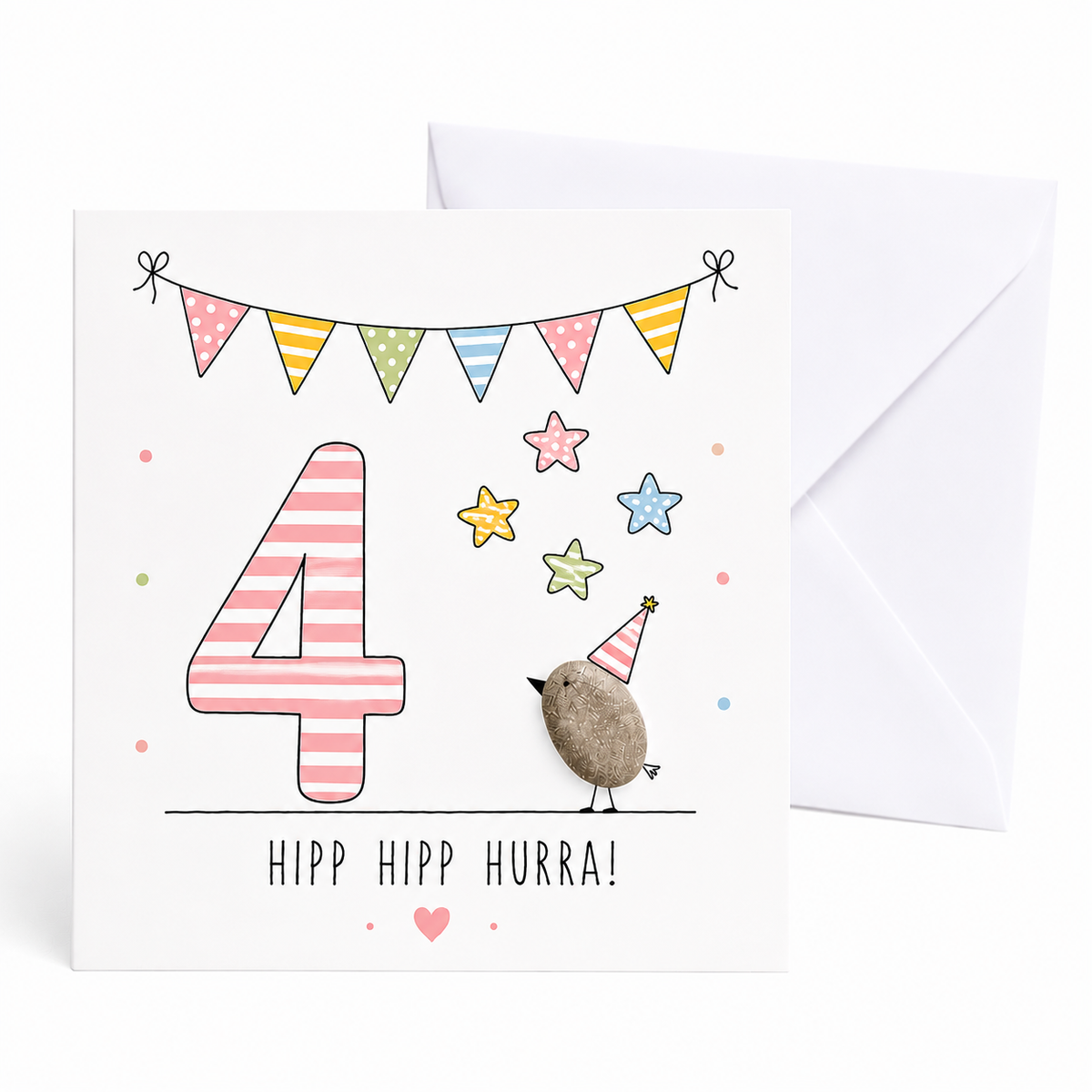 Handgemachte Klappkarte zum 4. Geburtstag mit Kieselstein-Vogel, Partyhut und Sternen, rosa Zahl 4, Spruch „Hipp hipp hurra!“ – Geburtstagskarte 10x10 cm mit Umschlag