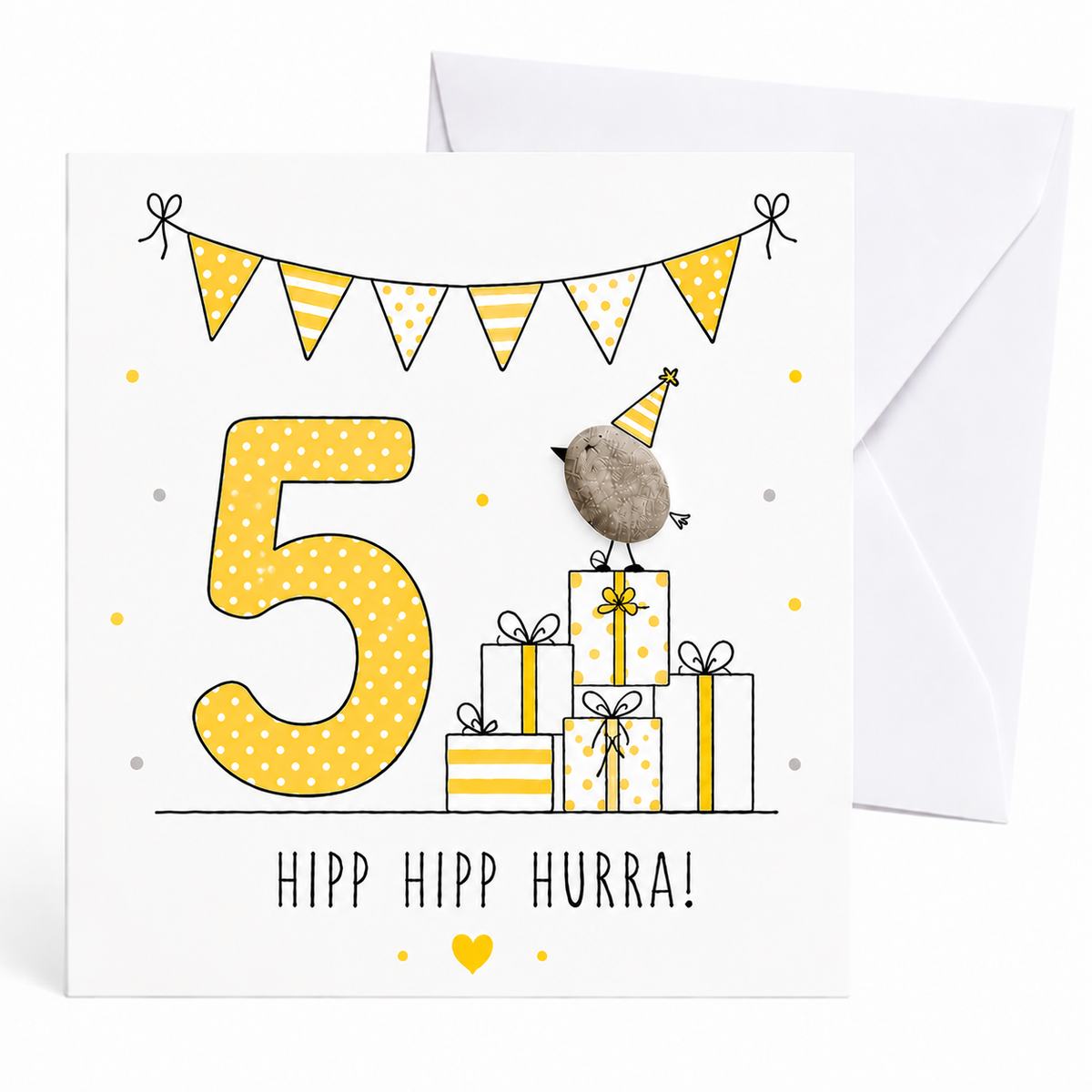 Handgemachte Klappkarte zum 5. Geburtstag mit Kieselstein-Vogel auf Geschenkestapel, Partyhut, gelbe Zahl 5, Spruch „Hipp hipp hurra!“ – Geburtstagskarte 10x10 cm mit Umschlag