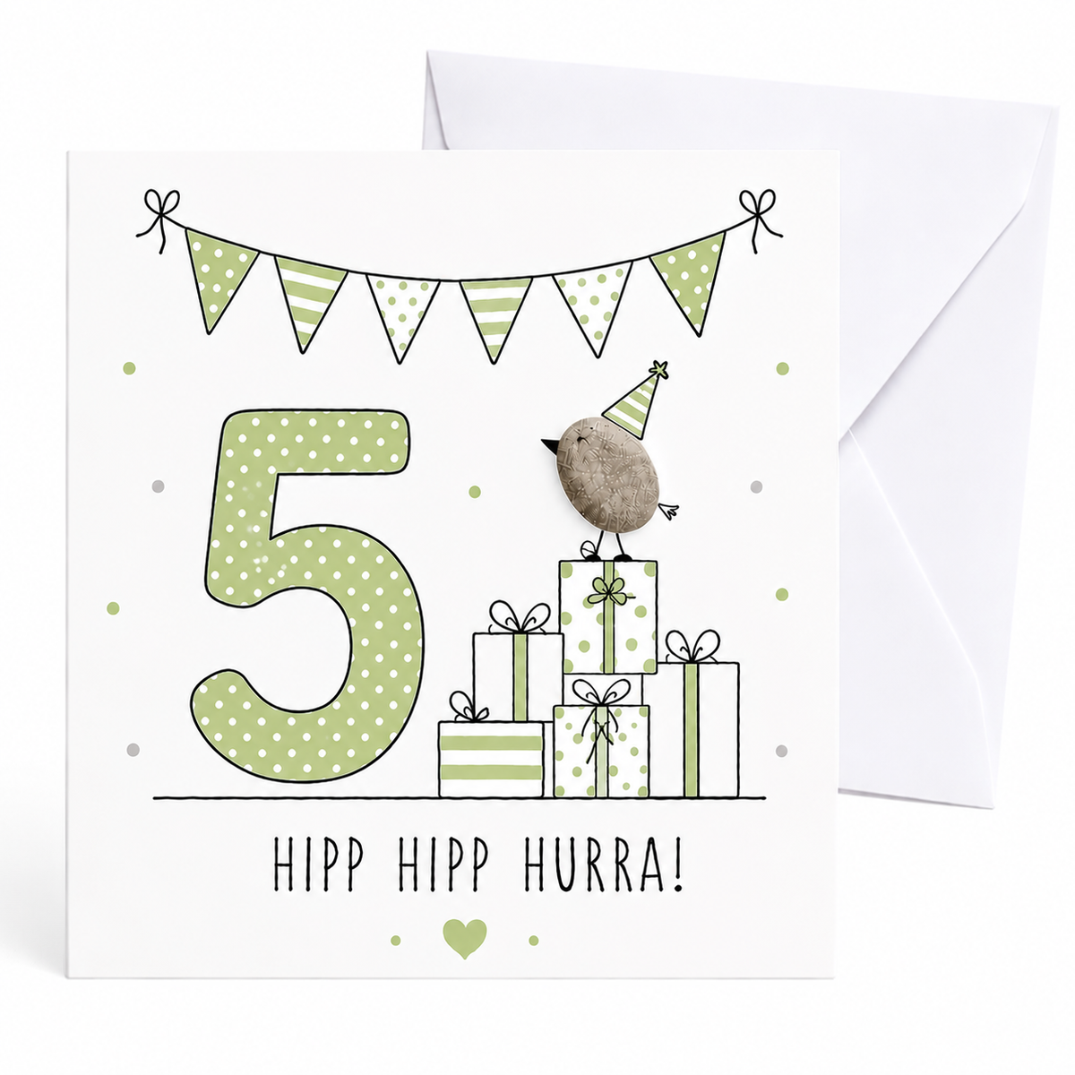 Handgemachte Klappkarte zum 5. Geburtstag mit Kieselstein-Vogel auf Geschenkestapel, Partyhut, grüne Zahl 5, Spruch „Hipp hipp hurra!“ – Geburtstagskarte 10x10 cm mit Umschlag