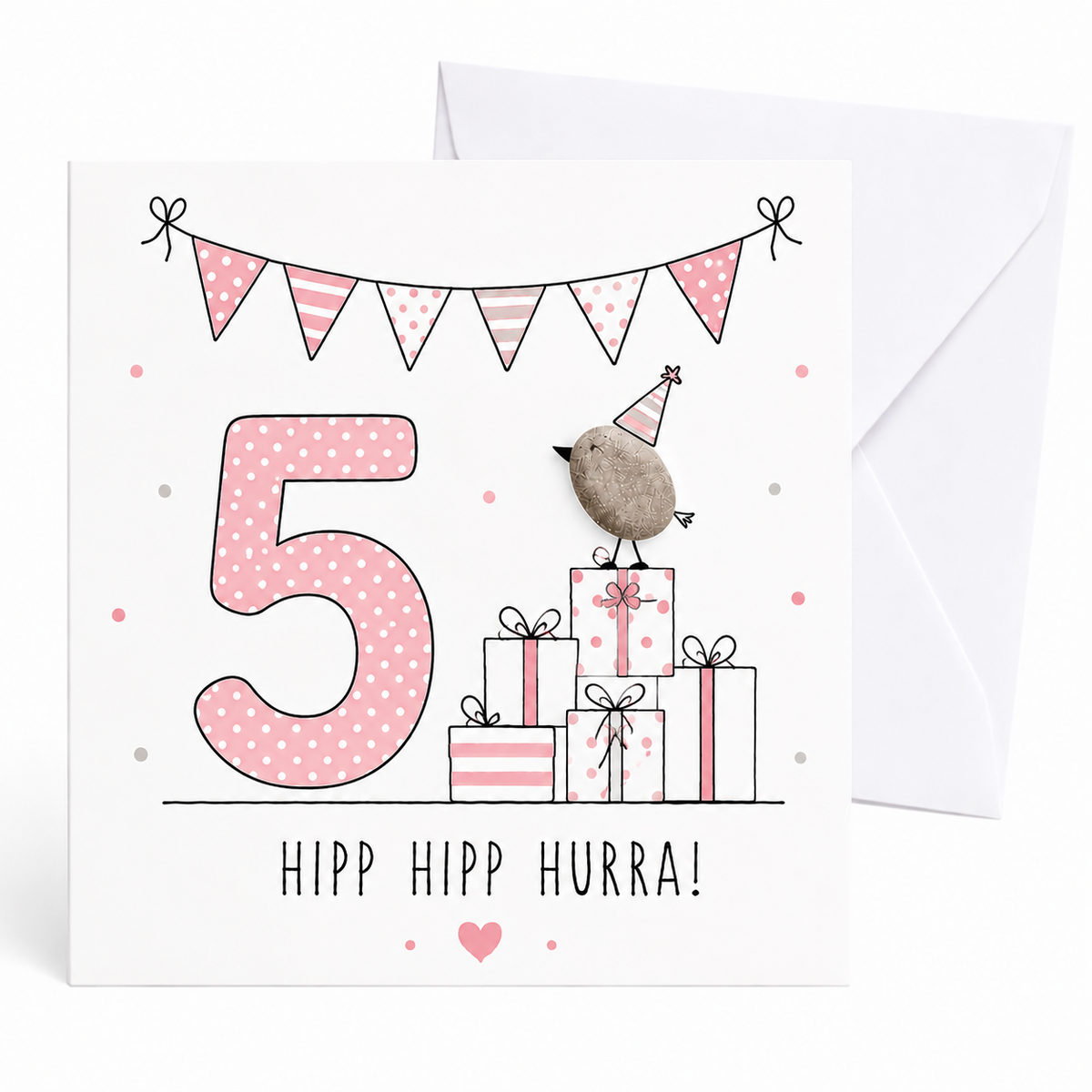 Handgemachte Klappkarte zum 5. Geburtstag mit Kieselstein-Vogel auf Geschenkestapel, Partyhut, rosa Zahl 5, Spruch „Hipp hipp hurra!“ – Geburtstagskarte 10x10 cm mit Umschlag