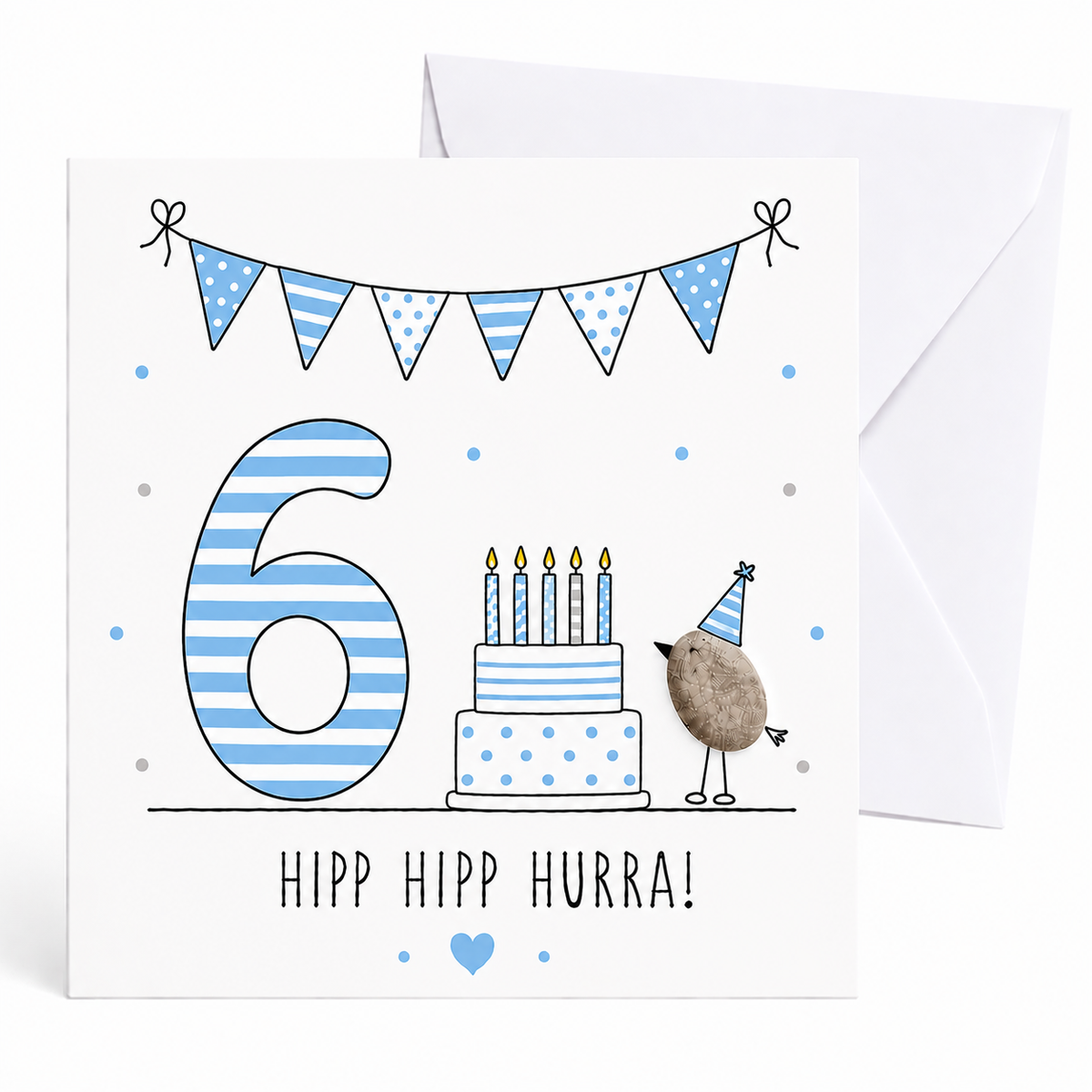 Handgemachte Klappkarte zum 6. Geburtstag mit Kieselstein-Vogel, Partyhut und Geburtstagstorte mit Kerzen, blaue Zahl 6, Spruch „Hipp hipp hurra!“ – Geburtstagskarte 10x10 cm mit Umschlag