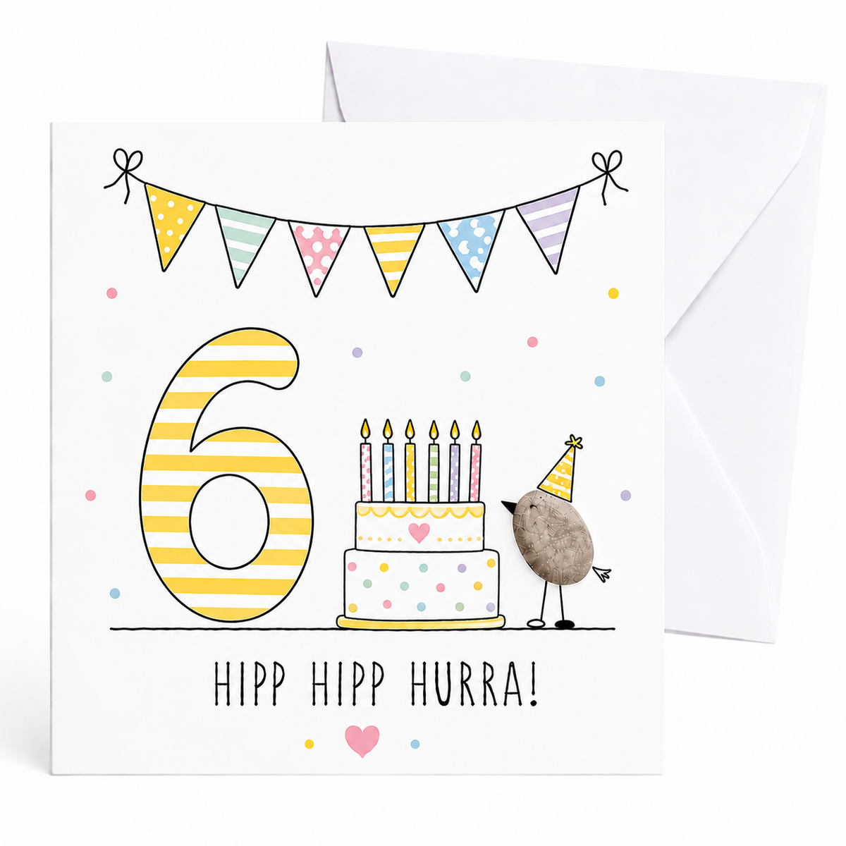 Handgemachte Klappkarte zum 6. Geburtstag mit Kieselstein-Vogel, Partyhut und bunter Geburtstagstorte mit sechs Kerzen, gelbe Zahl 6, Spruch „Hipp hipp hurra!“ – Geburtstagskarte 10x10 cm mit Umschlag