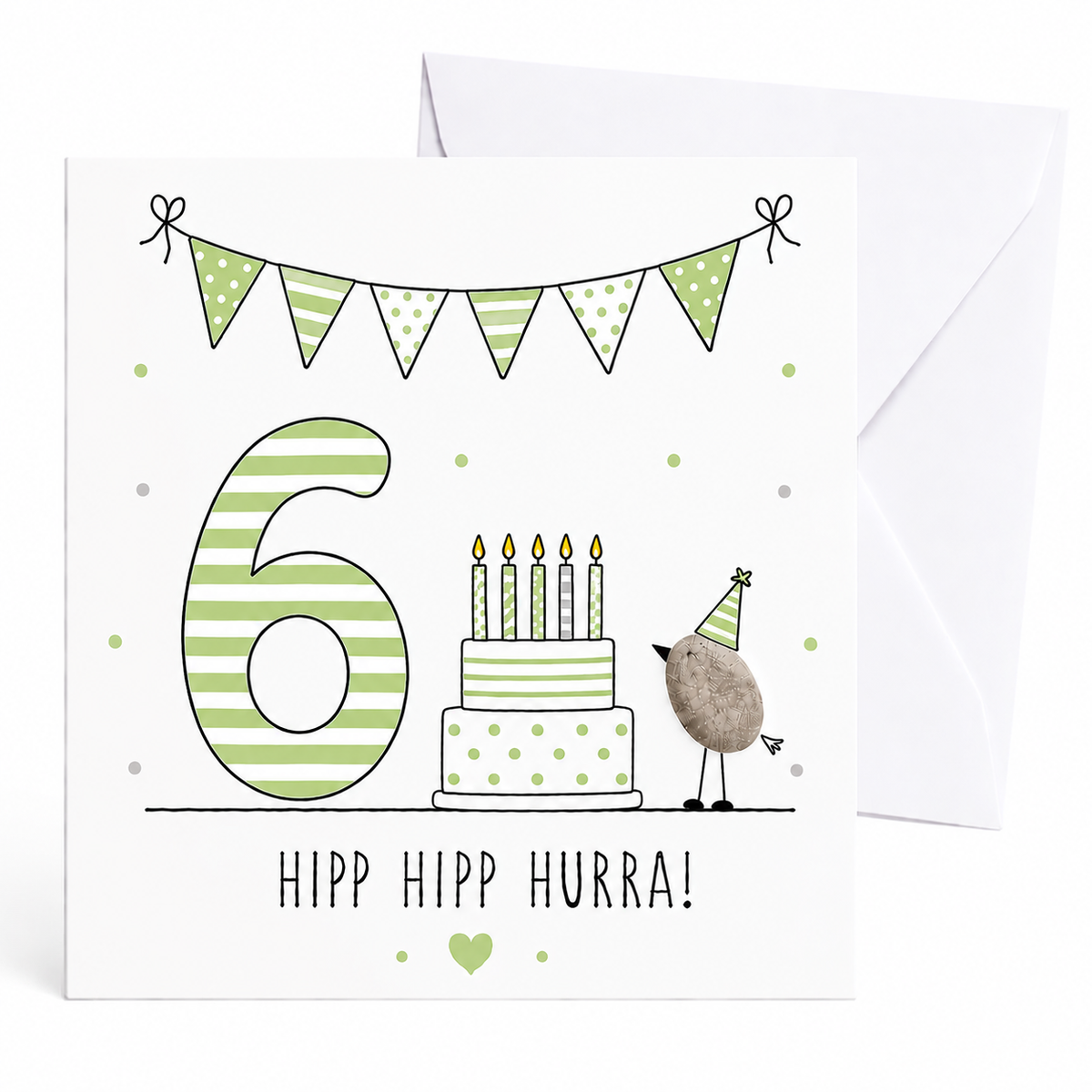 Handgemachte Klappkarte zum 6. Geburtstag mit Kieselstein-Vogel, Partyhut und Geburtstagstorte mit Kerzen, grüne Zahl 6, Spruch „Hipp hipp hurra!“ – Geburtstagskarte 10x10 cm mit Umschlag