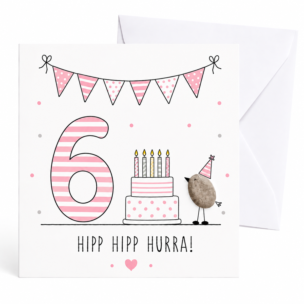 Handgemachte Klappkarte zum 6. Geburtstag mit Kieselstein-Vogel, Partyhut und Geburtstagstorte mit Kerzen, rosa Zahl 6, Spruch „Hipp hipp hurra!“ – Geburtstagskarte 10x10 cm mit Umschlag