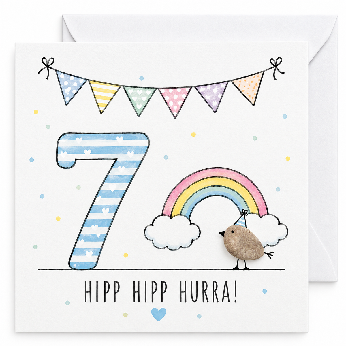 Handgemachte Klappkarte zum 7. Geburtstag mit Kieselstein-Vogel, Regenbogen und Wolken, blaue Zahl 7, Spruch „Hipp hipp hurra!“ – Geburtstagskarte 10x10 cm mit Umschlag