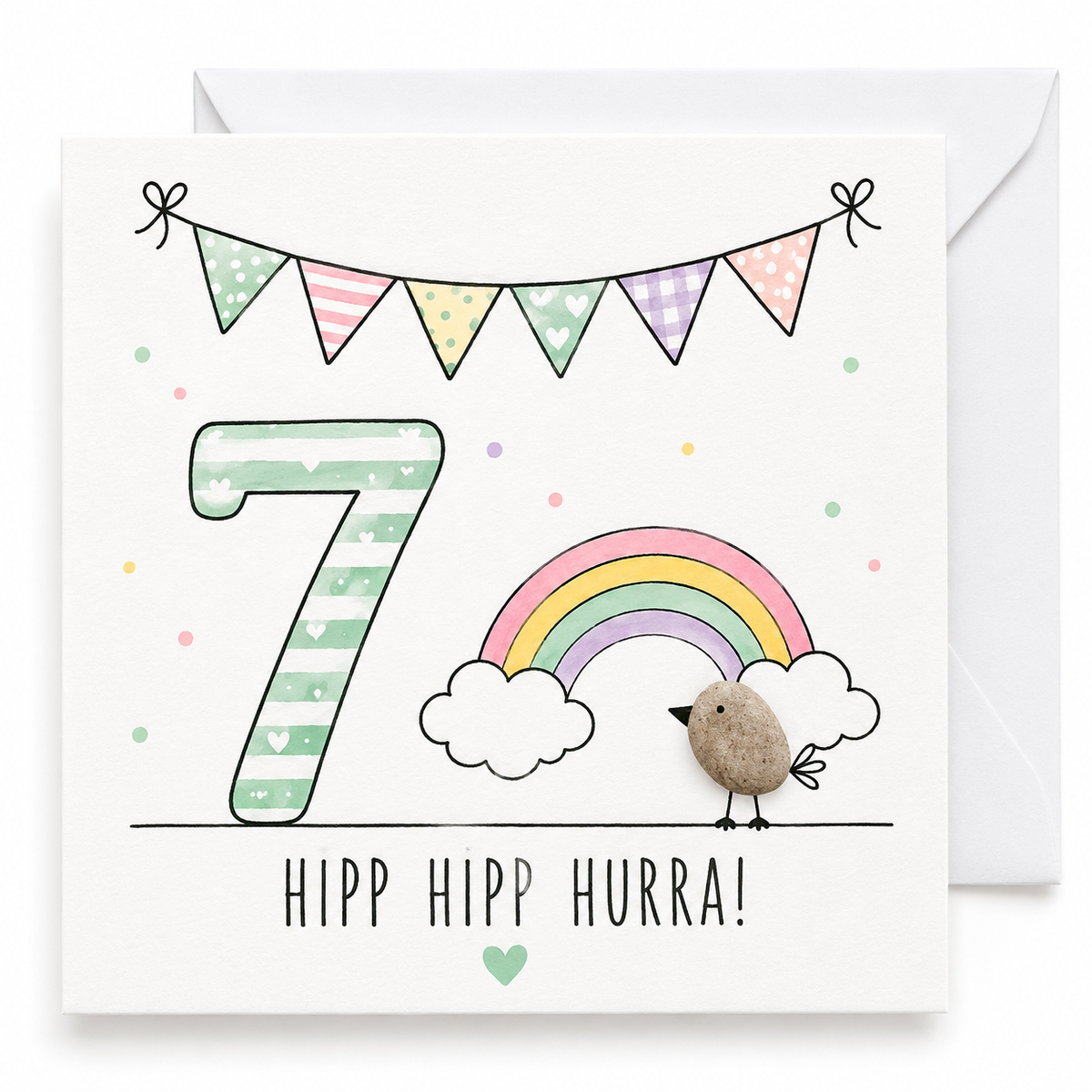 Handgemachte Klappkarte zum 7. Geburtstag mit Kieselstein-Vogel, Regenbogen und Wolken, mintgrüne Zahl 7, Spruch „Hipp hipp hurra!“ – Geburtstagskarte 10x10 cm mit Umschlag