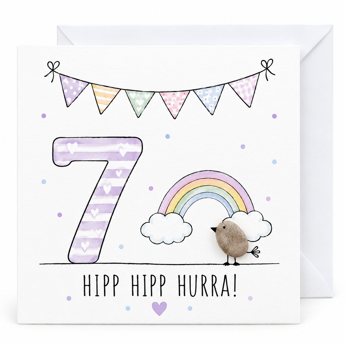 Handgemachte Klappkarte zum 7. Geburtstag mit Kieselstein-Vogel, Regenbogen und Wolken, lila Zahl 7, Spruch „Hipp hipp hurra!“ – Geburtstagskarte 10x10 cm mit Umschlag