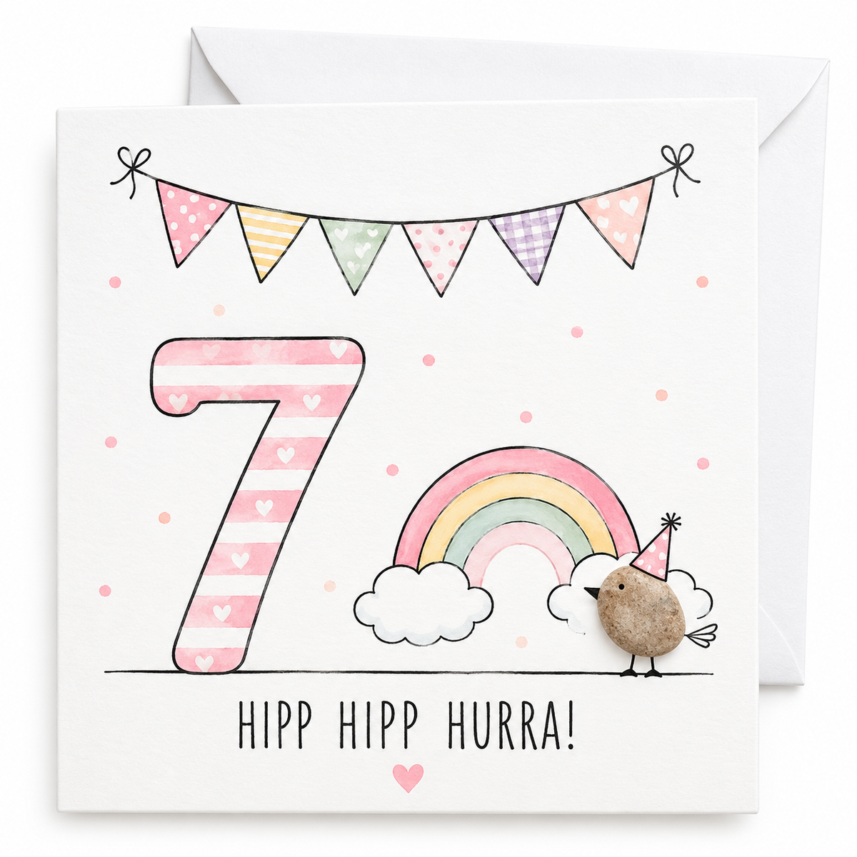 Handgemachte Klappkarte zum 7. Geburtstag mit Kieselstein-Vogel, Regenbogen und Wolken, rosa Zahl 7, Spruch „Hipp hipp hurra!“ – Geburtstagskarte 10x10 cm mit Umschlag
