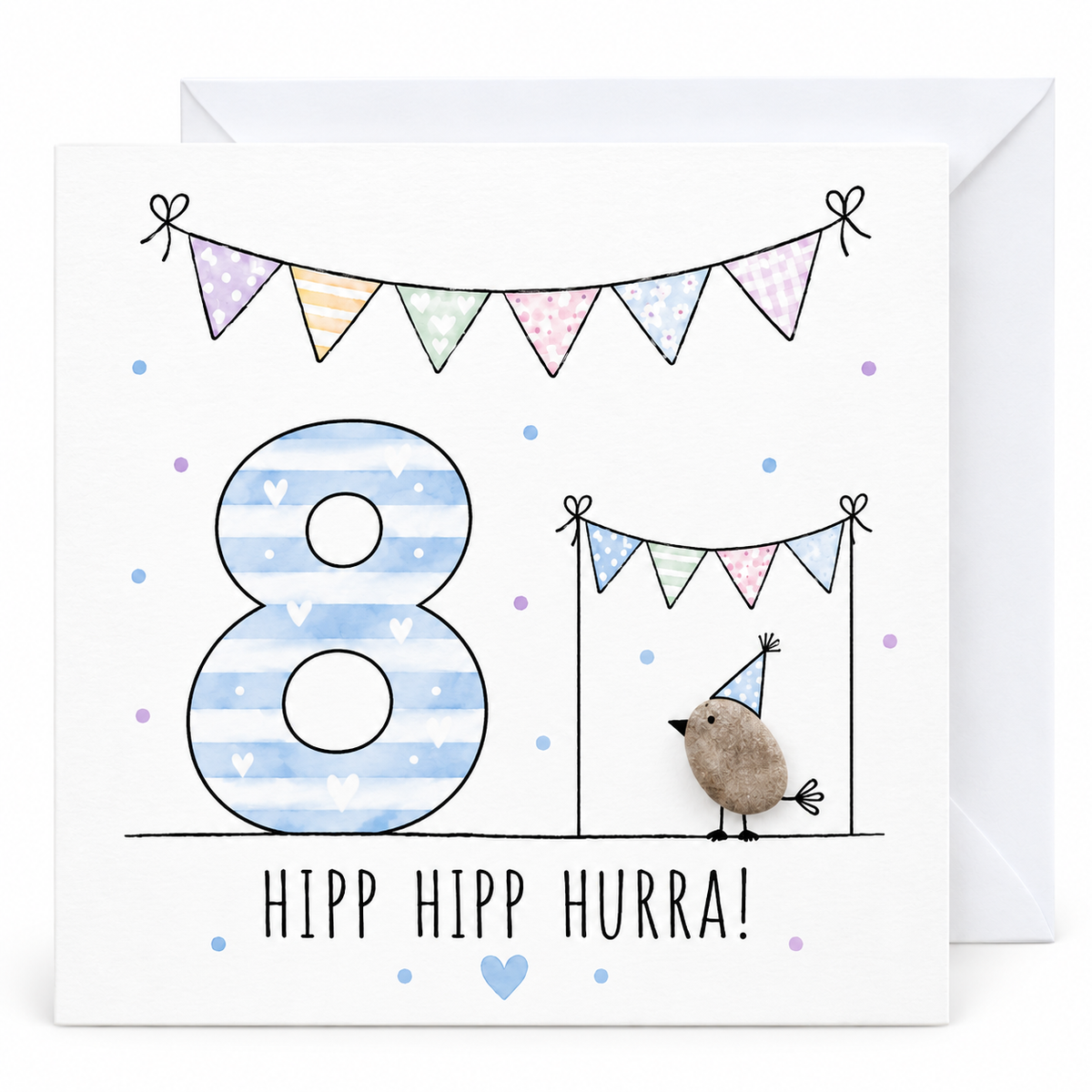 Handgemachte Klappkarte zum 8. Geburtstag mit Kieselstein-Vogel, Partyhut und Wimpelketten, blaue Zahl 8, Spruch „Hipp hipp hurra!“ – Geburtstagskarte 10x10 cm mit Umschlag
