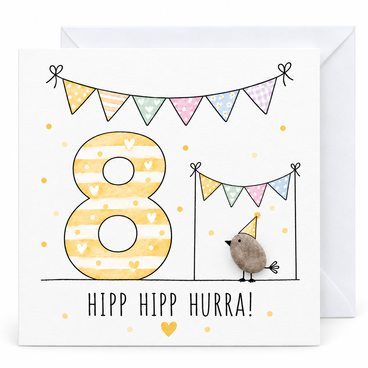 Handgemachte Klappkarte zum 8. Geburtstag mit Kieselstein-Vogel, Partyhut und Wimpelketten, gelbe Zahl 8, Spruch „Hipp hipp hurra!“ – Geburtstagskarte 10x10 cm mit Umschlag