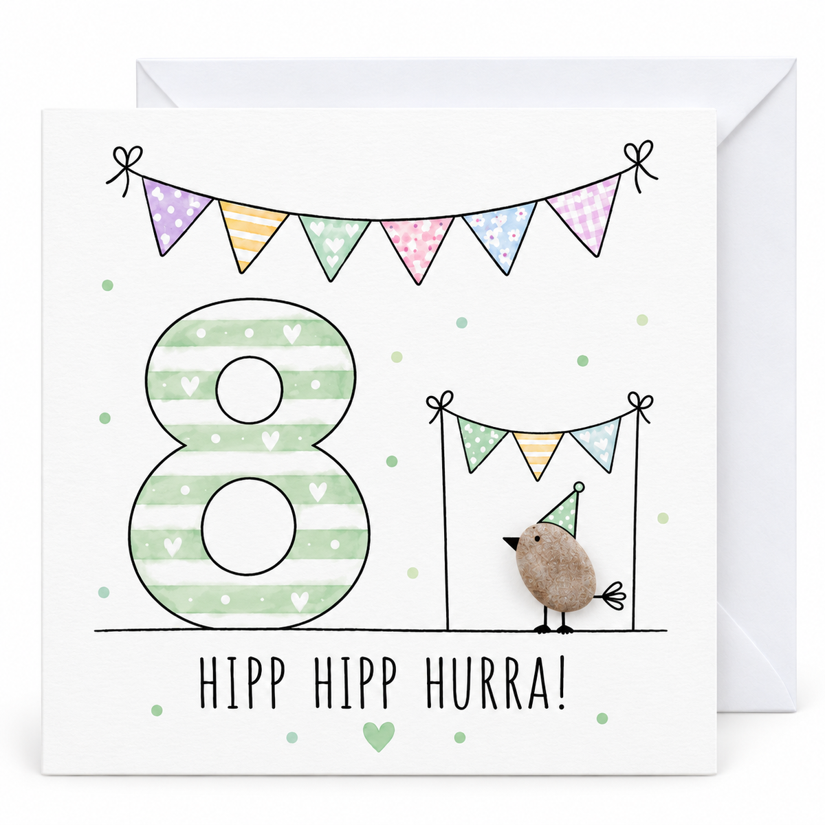 Handgemachte Klappkarte zum 8. Geburtstag mit Kieselstein-Vogel, Partyhut und Wimpelketten, mintgrüne Zahl 8, Spruch „Hipp hipp hurra!“ – Geburtstagskarte 10x10 cm mit Umschlag