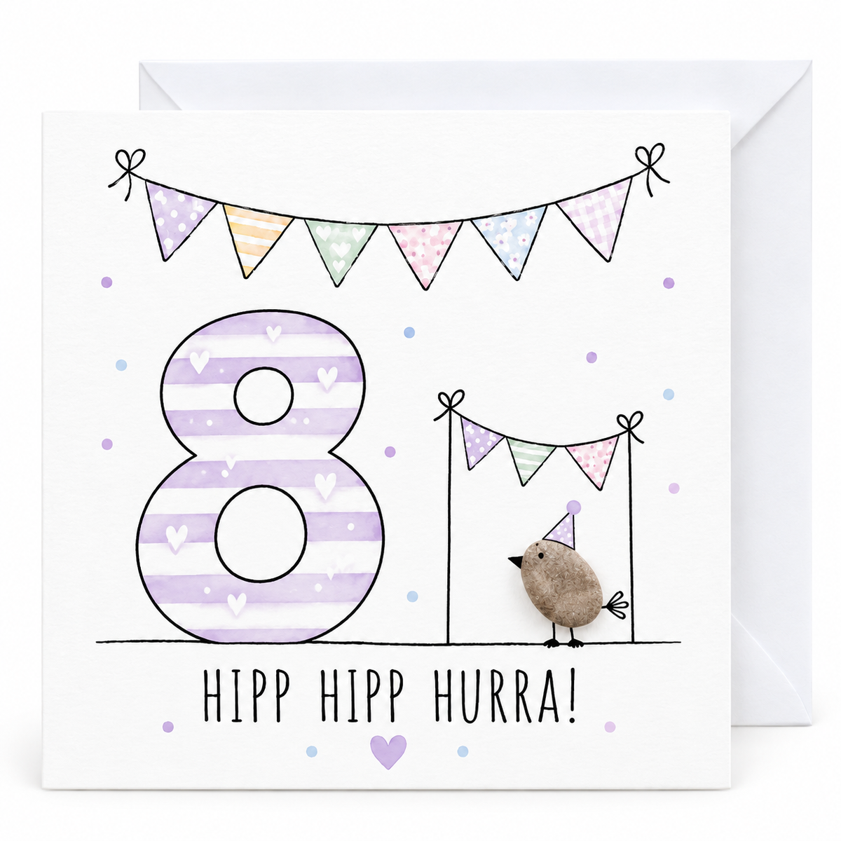 Handgemachte Klappkarte zum 8. Geburtstag mit Kieselstein-Vogel, Partyhut und Wimpelketten, lila Zahl 8, Spruch „Hipp hipp hurra!“ – Geburtstagskarte 10x10 cm mit Umschlag