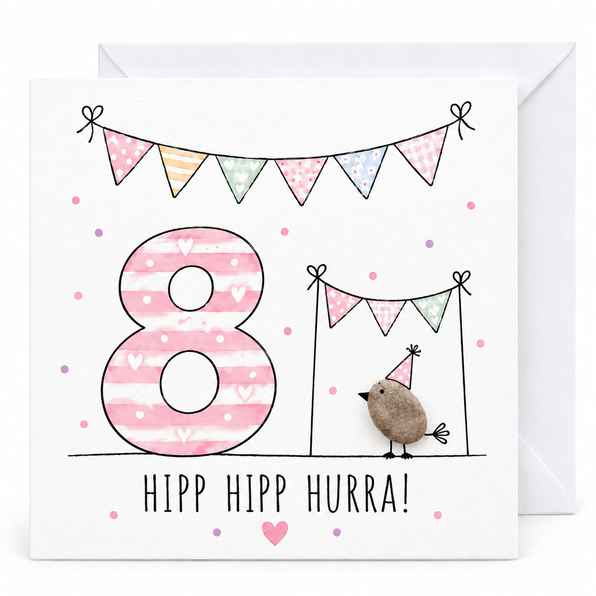 Handgemachte Klappkarte zum 8. Geburtstag mit Kieselstein-Vogel, Partyhut und Wimpelketten, rosa Zahl 8, Spruch „Hipp hipp hurra!“ – Geburtstagskarte 10x10 cm mit Umschlag