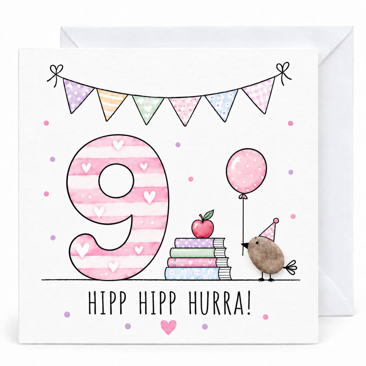 Handgemachte Klappkarte zum 9. Geburtstag mit Kieselstein-Vogel, Partyhut, Luftballon und Bücherstapel mit Apfel, rosa Zahl 9, Spruch „Hipp hipp hurra!“ – Geburtstagskarte 10x10 cm mit Umschlag