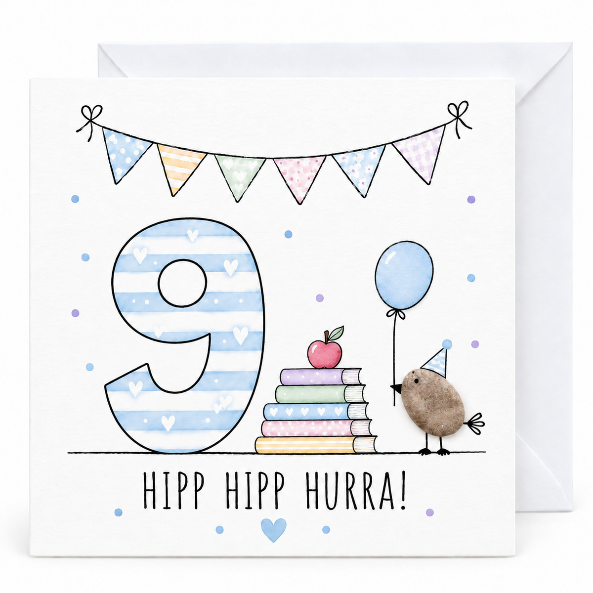 Handgemachte Klappkarte zum 9. Geburtstag mit Kieselstein-Vogel, Partyhut, Luftballon und Bücherstapel mit Apfel, blaue Zahl 9, Spruch „Hipp hipp hurra!“ – Geburtstagskarte 10x10 cm mit Umschlag