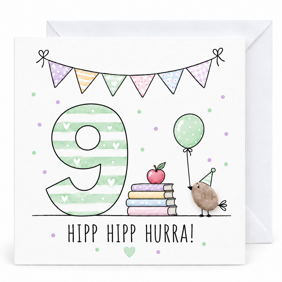 Handgemachte Klappkarte zum 9. Geburtstag mit Kieselstein-Vogel, Partyhut, Luftballon und Bücherstapel mit Apfel, mintgrüne Zahl 9, Spruch „Hipp hipp hurra!“ – Geburtstagskarte 10x10 cm mit Umschlag