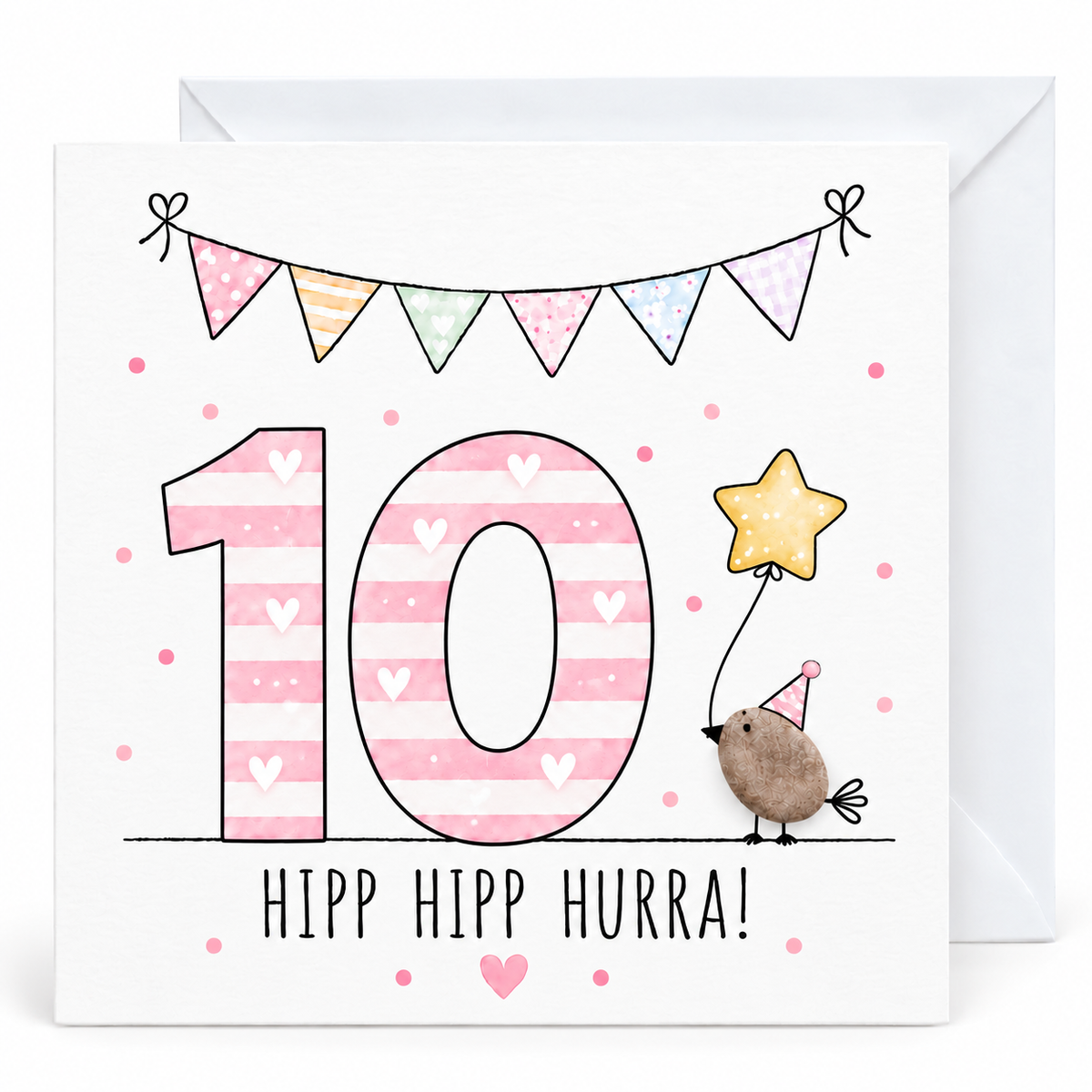 Handgemachte Klappkarte zum 10. Geburtstag mit Kieselstein-Vogel, Partyhut und Sternballon, rosa Zahl 10, Spruch „Hipp hipp hurra!“ – Geburtstagskarte 10x10 cm mit Umschlag
