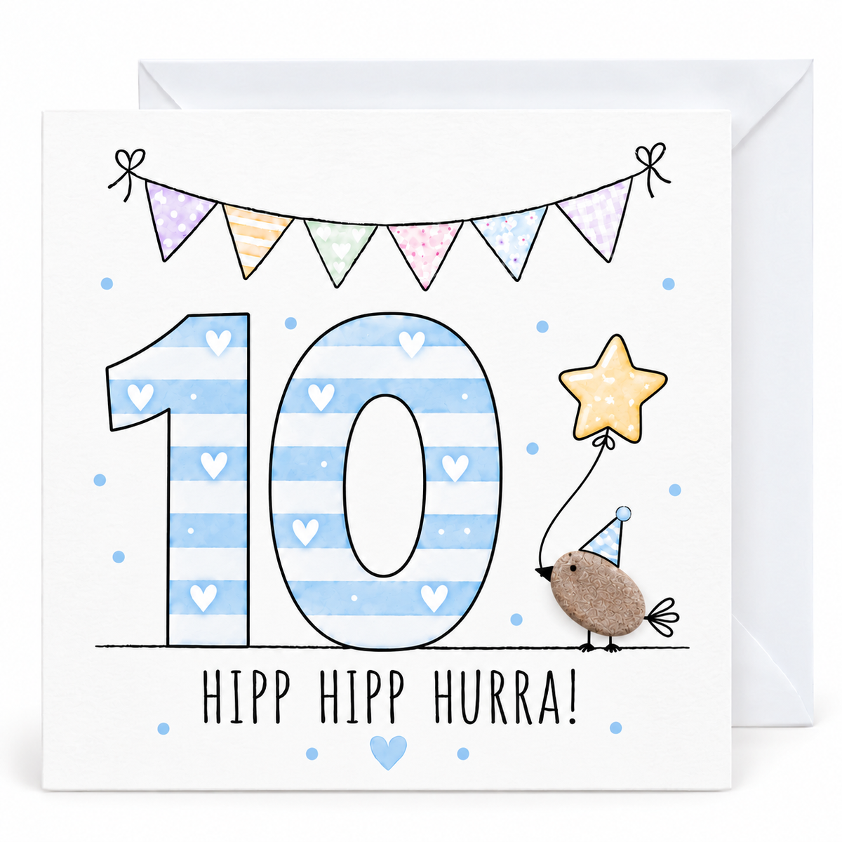 Handgemachte Klappkarte zum 10. Geburtstag mit Kieselstein-Vogel, Partyhut und Sternballon, blaue Zahl 10, Spruch „Hipp hipp hurra!“ – Geburtstagskarte 10x10 cm mit Umschlag
