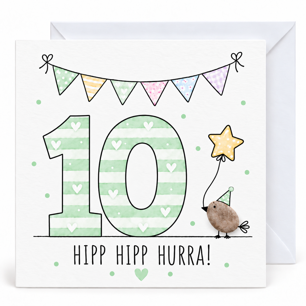 Handgemachte Klappkarte zum 10. Geburtstag mit Kieselstein-Vogel, Partyhut und Sternballon, mintgrüne Zahl 10, Spruch „Hipp hipp hurra!“ – Geburtstagskarte 10x10 cm mit Umschlag