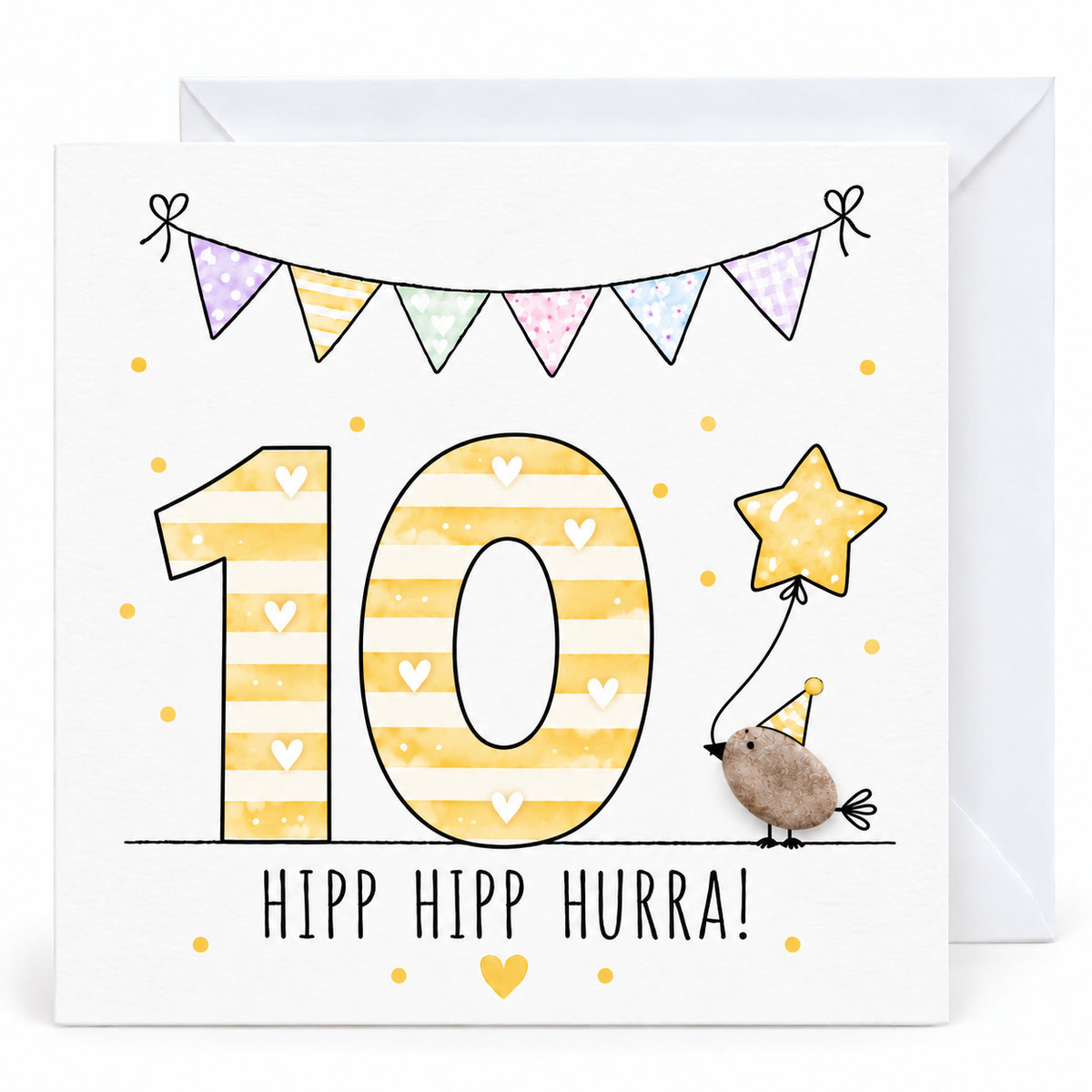 Handgemachte Klappkarte zum 10. Geburtstag mit Kieselstein-Vogel, Partyhut und Sternballon, gelbe Zahl 10, Spruch „Hipp hipp hurra!“ – Geburtstagskarte 10x10 cm mit Umschlag