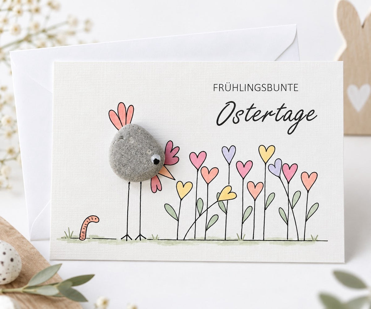 Handgemachte weiße Klappkarte mit Kieselstein-Huhn mit Wackelauge, Regenwurm und bunten Herzblumen, Spruch „Frühlingsbunte Ostertage“ – Osterkarte, Grußkarte mit Umschlag