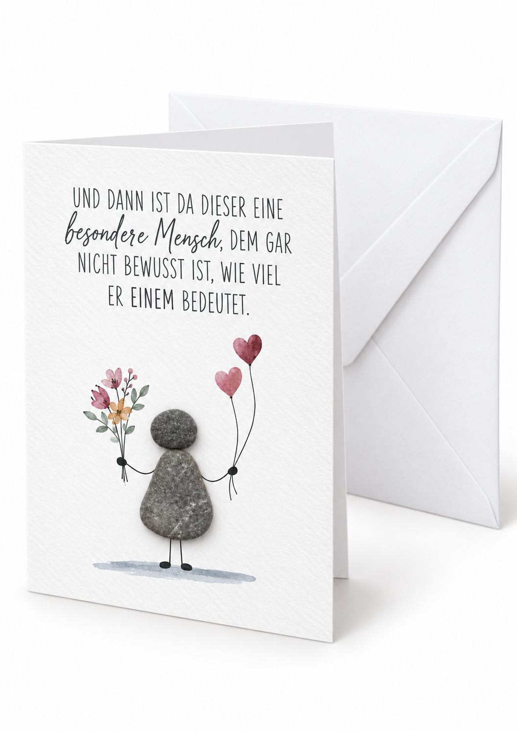 Handgemachte weiße Klappkarte mit Kieselstein-Figur, Blumenstrauß und zwei Herzballons, Spruch „Und dann ist da dieser eine besondere Mensch“ – Karte für Wertschätzung, Danke und Freundschaft, Grußkarte mit Umschlag