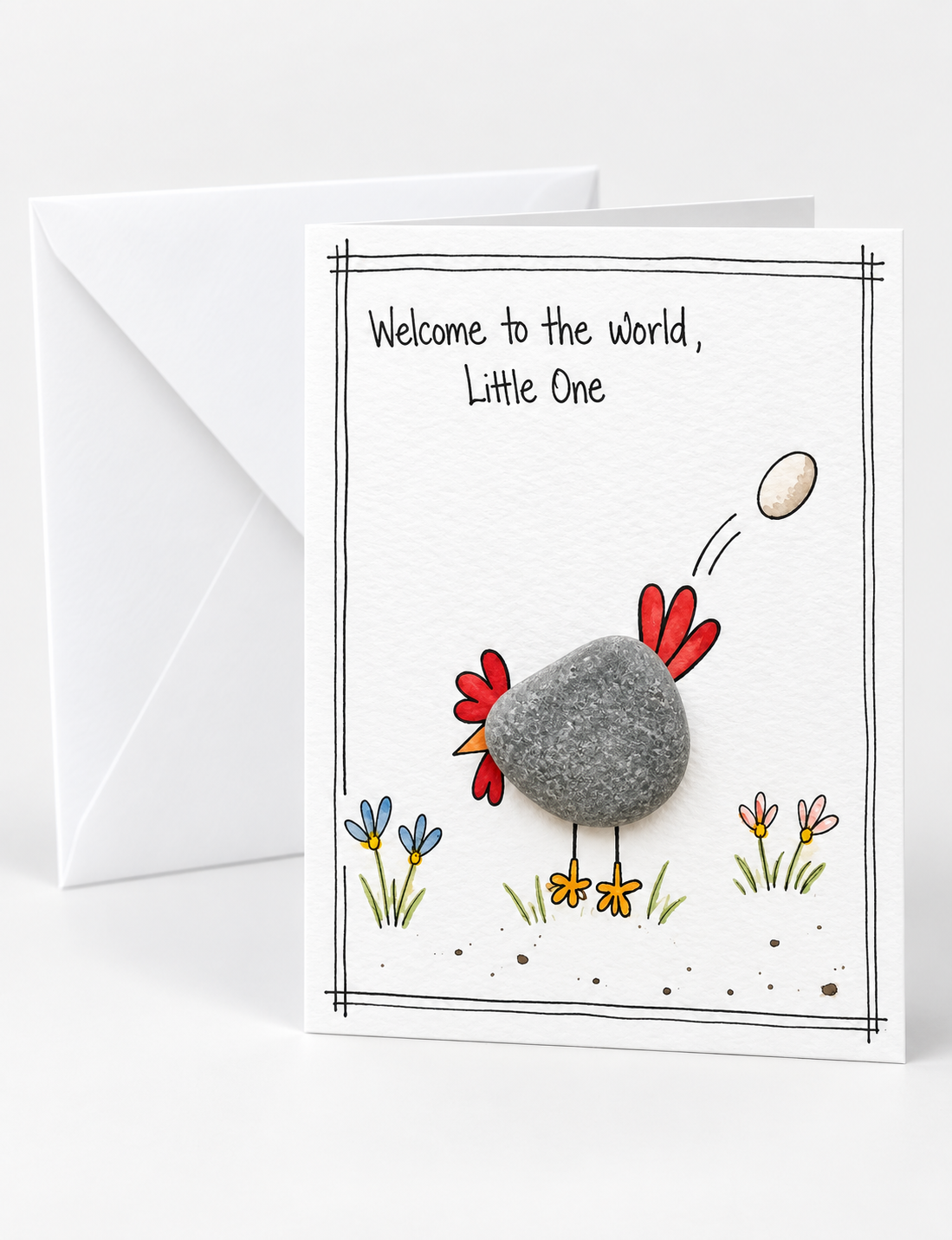 Handgemachte weiße Klappkarte mit Kieselstein-Huhn, Ei und Blumen, Spruch „Welcome to the world, Little One“ – Karte zur Geburt, Grußkarte mit Umschlag