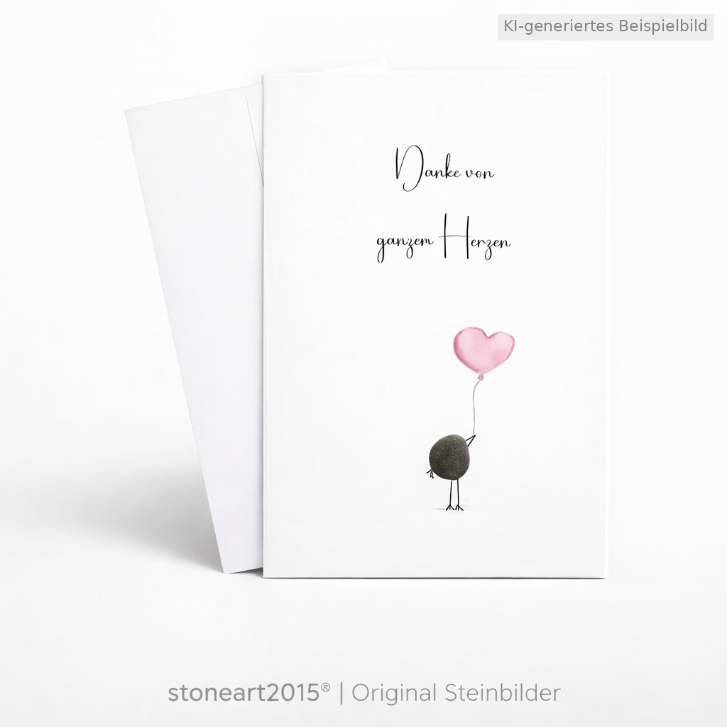 Handgemachte weiße Klappkarte mit Kieselstein-Vogel und rosa Herzballon, Spruch „Danke von ganzem Herzen“ – Danksagungskarte, Grußkarte mit Umschlag