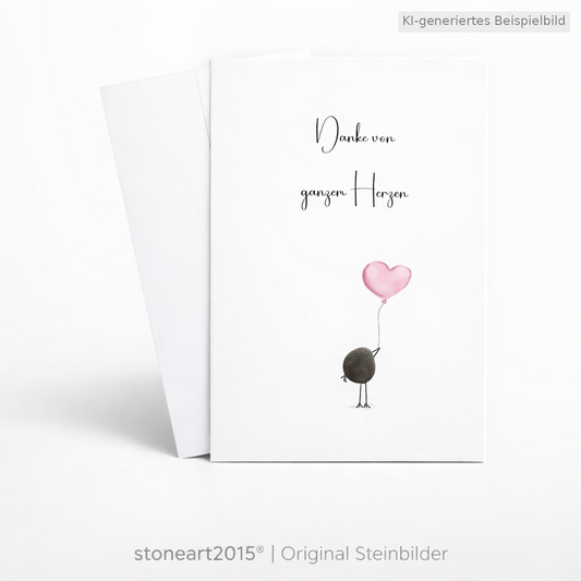 Handgemachte weiße Klappkarte mit Kieselstein-Vogel und rosa Herzballon, Spruch „Danke von ganzem Herzen“ – Danksagungskarte, Grußkarte mit Umschlag