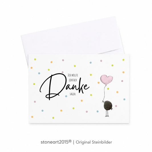Handgemachte weiße Klappkarte im Querformat mit Kieselstein-Vogel, rosa Herzballon und bunten Konfetti-Punkten, Spruch „Ich wollte einfach Danke sagen“ – Dankeskarte, Grußkarte mit Umschlag
