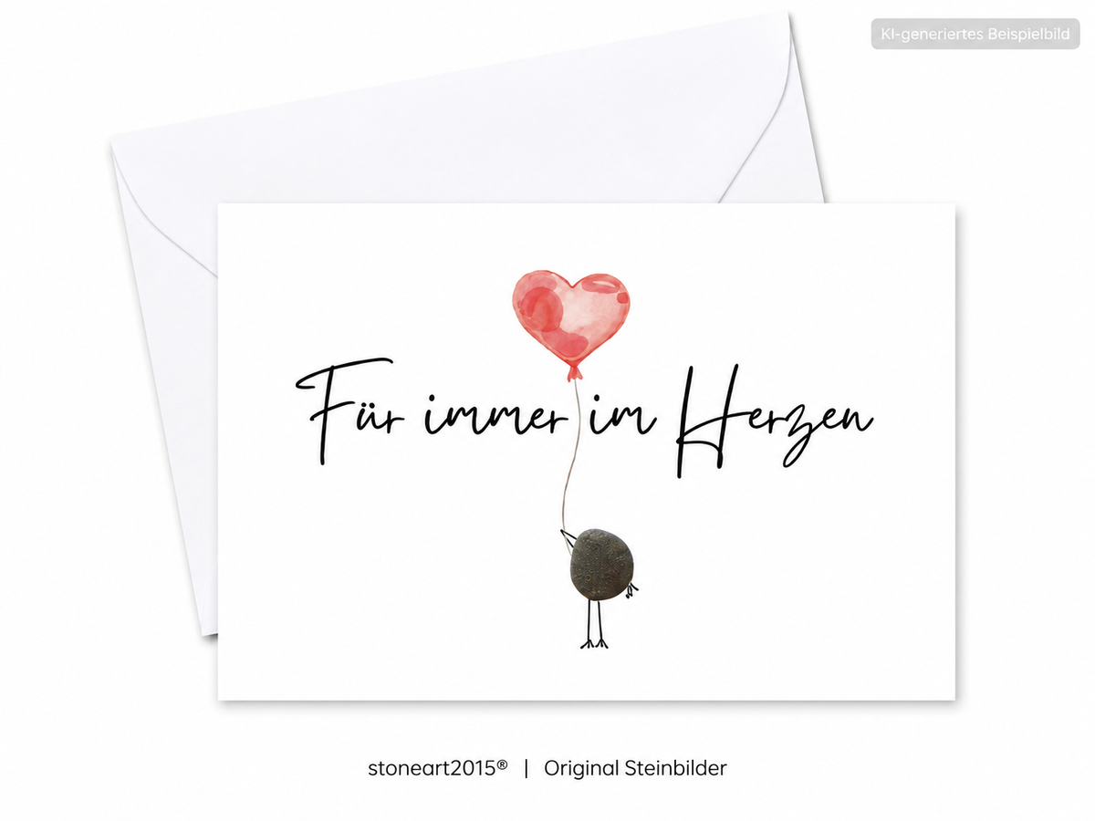 Handgemachte weiße Klappkarte im Querformat mit Kieselstein-Vogel und rotem Herzballon, Schriftzug „Für immer im Herzen“ – Trauerkarte zur Anteilnahme, Grußkarte mit Umschlag