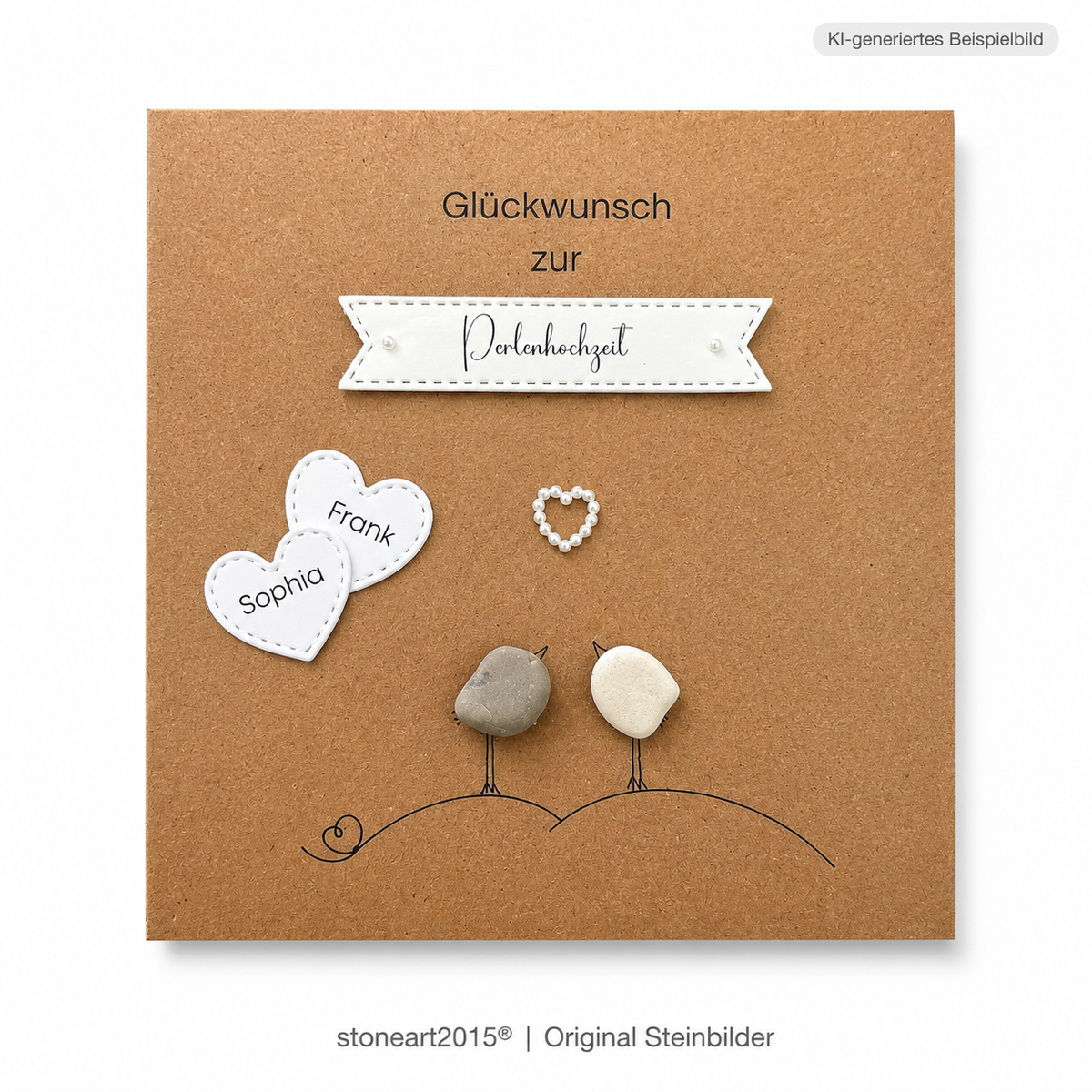Handgemachte Kraftpapier-Klappkarte mit zwei Kieselstein-Vögeln, Perlenherz und Namensherzen, Banner „Glückwunsch zur Perlenhochzeit“ – Karte zum 30. Hochzeitstag, personalisiert mit Namen