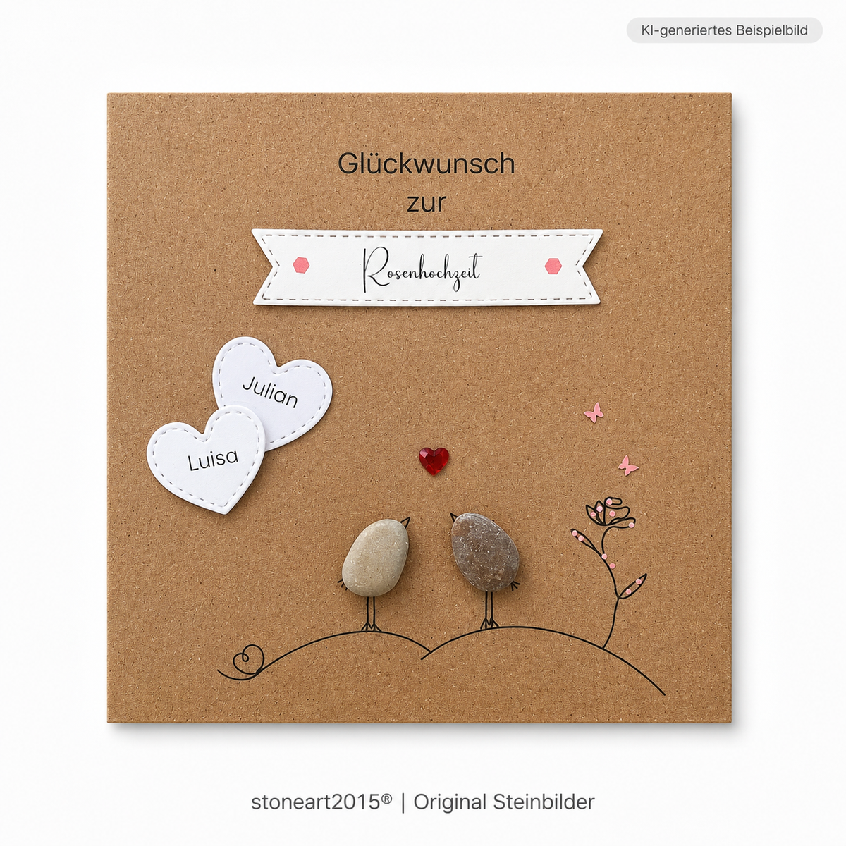 Handgemachte Kraftpapier-Klappkarte mit zwei Kieselstein-Vögeln, rotem Strassherz, Rosenzweig und Namensherzen, Banner „Glückwunsch zur Rosenhochzeit“ – Karte zum 10. Hochzeitstag, personalisiert mit Namen