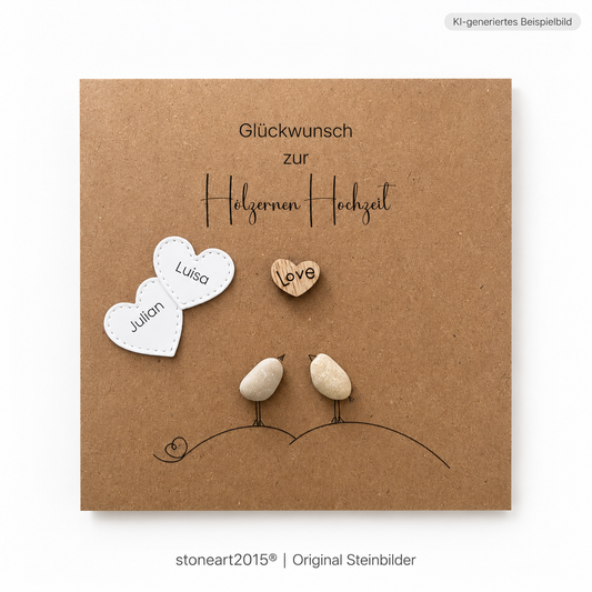 Handgemachte Kraftpapier-Klappkarte mit zwei Kieselstein-Vögeln, Holzherz mit „Love“ und Namensherzen, Schriftzug „Glückwunsch zur Hölzernen Hochzeit“ – Karte zum 5. und 10. Hochzeitstag, personalisiert mit Namen