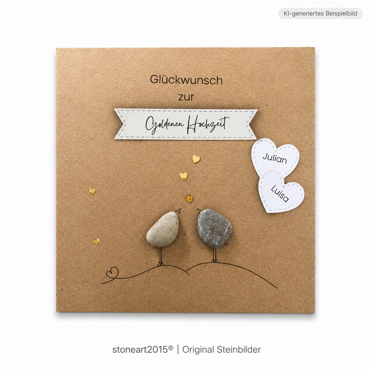 Handgemachte Kraftpapier-Klappkarte mit zwei Kieselstein-Vögeln, goldenen Herzen und Namensherzen, Banner „Glückwunsch zur Goldenen Hochzeit“ – Karte zum 50. Hochzeitstag, personalisiert mit Namen