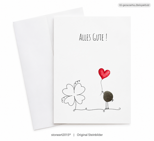 Handgemachte weiße Klappkarte mit Kieselstein-Vogel mit rotem Herzballon und Kleeblatt, Spruch „Alles Gute!“ – Glückwunschkarte, Grußkarte mit Umschlag