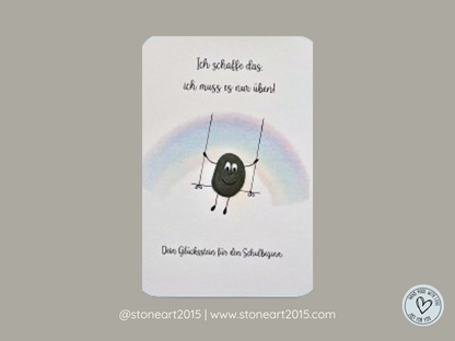 Handgemachte Karte zur Einschulung mit Mini‑Steinbild und Spruch „Ich schaffe das – ich muss es nur lernen“