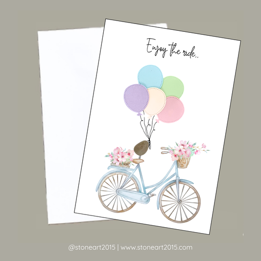 Handgemachte Karte mit Mini-Steinbild und Spruch ‚Enjoy the Ride‘ – Geschenkidee für Fahrradfahrer oder Geldgeschenk