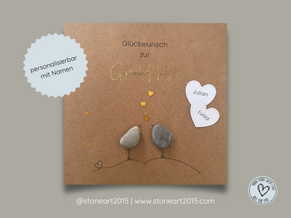 Handgemachte Karte zur Goldenen Hochzeit mit Mini-Steinbild – Geschenkidee zum 50. Hochzeitstag