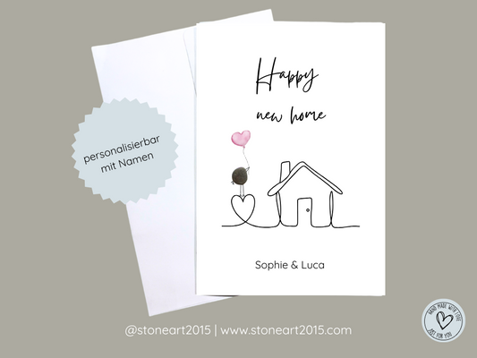 Handgemachte Karte Happy New Home mit Mini‑Steinbild und Umschlag – Einzugsgeschenk personalisierbar
